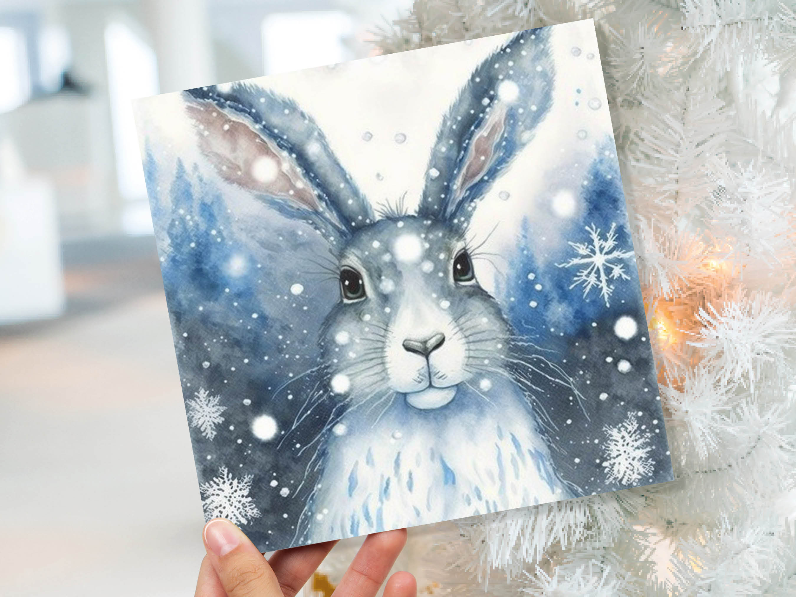 Enchanting Winter Hare Card Beautiful Blue Snowy Watercolour Snow Lights Snowflakes Greetings Card For Family Friends Xmas 23 Thank You BFF - View 9