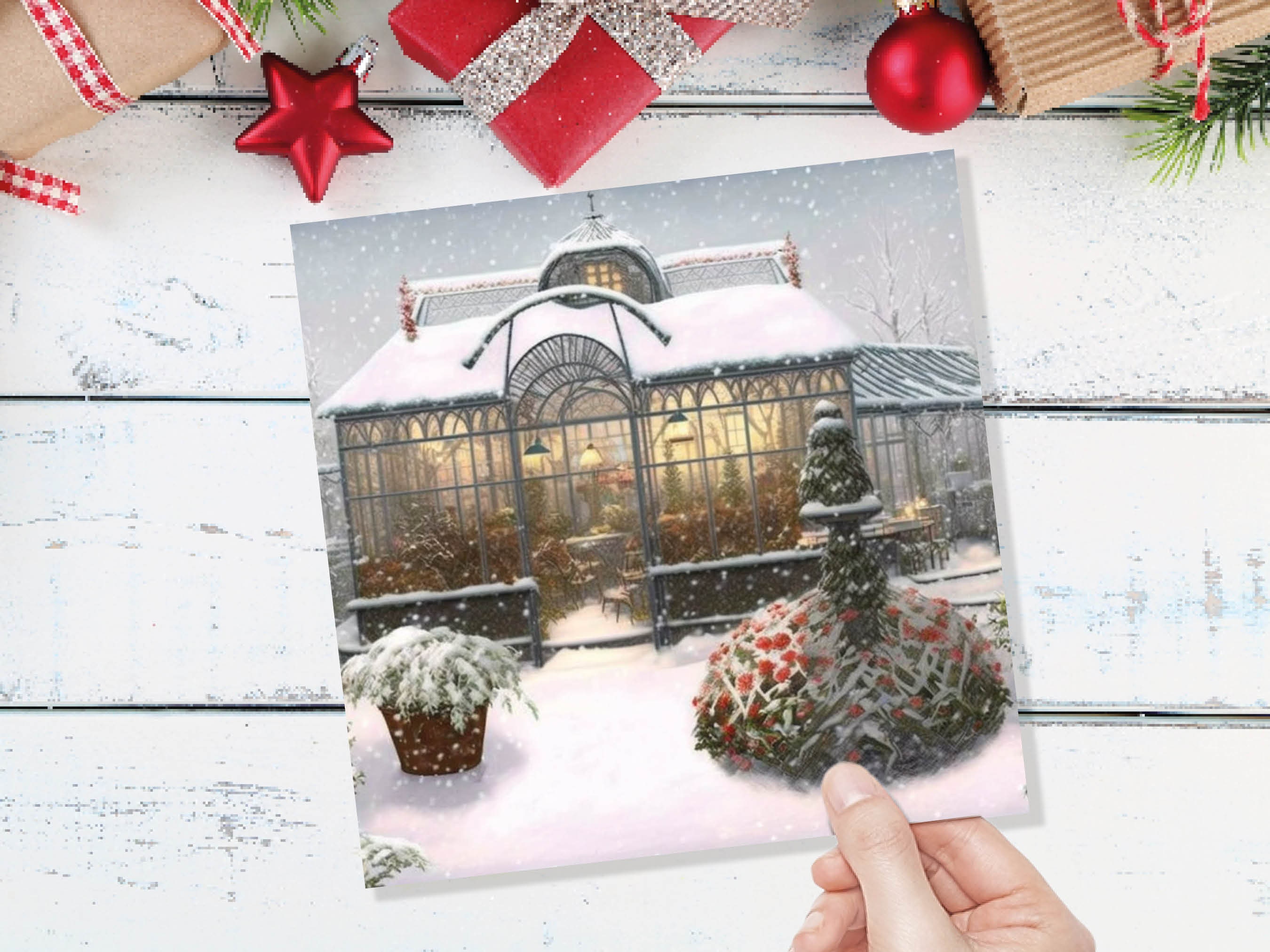 Snowy Greenhouse Card Winter Garden Gardeners Victorian Mansion Painting Unique Whimsical Greetings For Family Friends Xmas 2024 Thank You - View 8