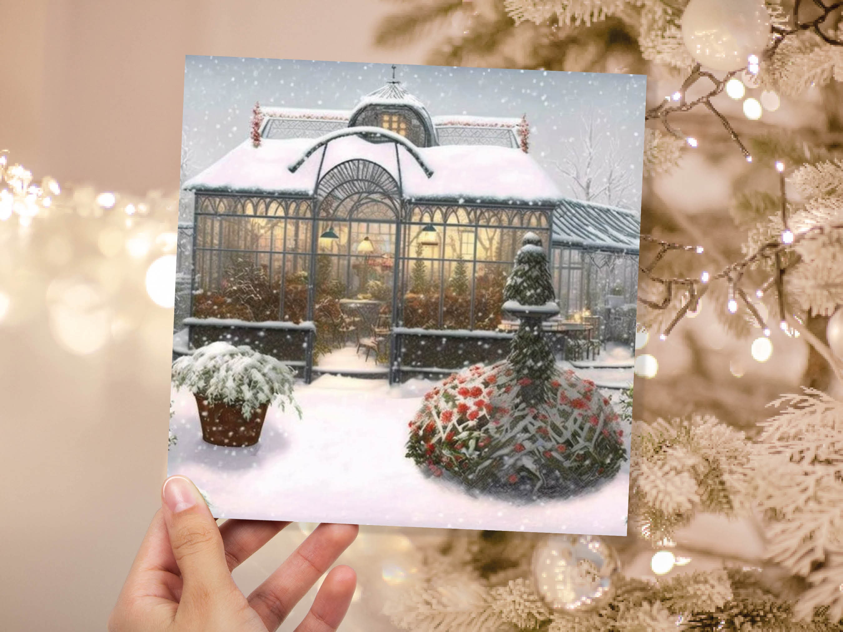 Snowy Greenhouse Card Winter Garden Gardeners Victorian Mansion Painting Unique Whimsical Greetings For Family Friends Xmas 2024 Thank You - View 2