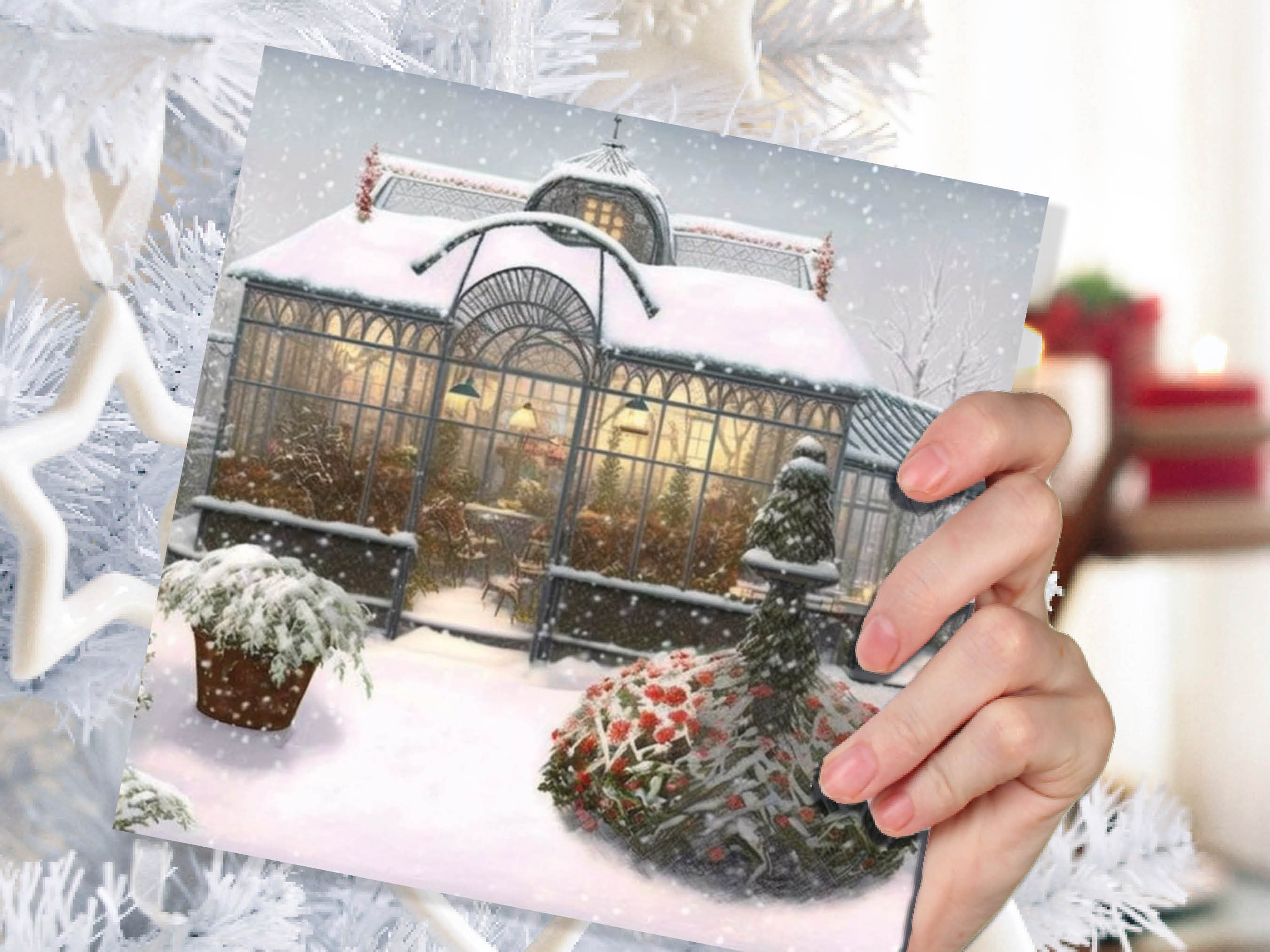 Snowy Greenhouse Card Winter Garden Gardeners Victorian Mansion Painting Unique Whimsical Greetings For Family Friends Xmas 2024 Thank You - View 6