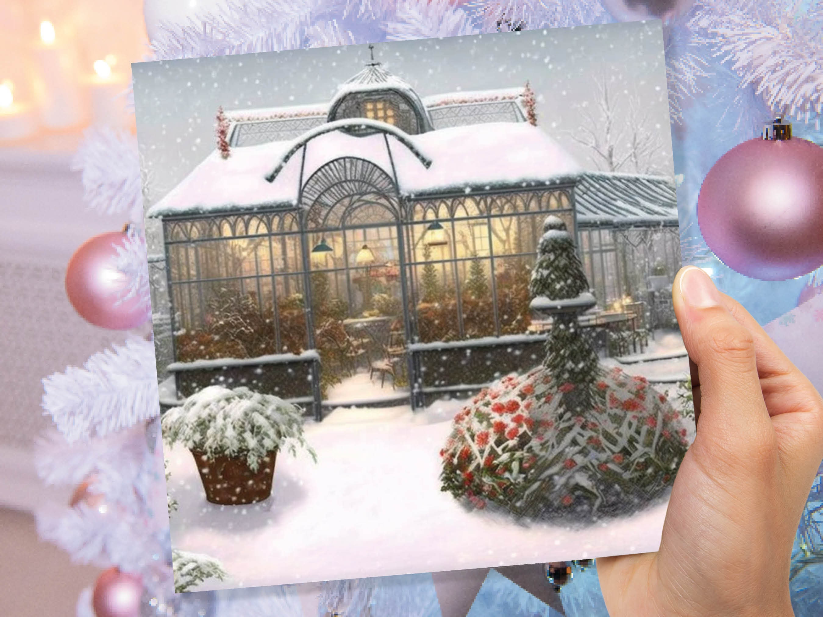 Snowy Greenhouse Card Winter Garden Gardeners Victorian Mansion Painting Unique Whimsical Greetings For Family Friends Xmas 2024 Thank You - View 7