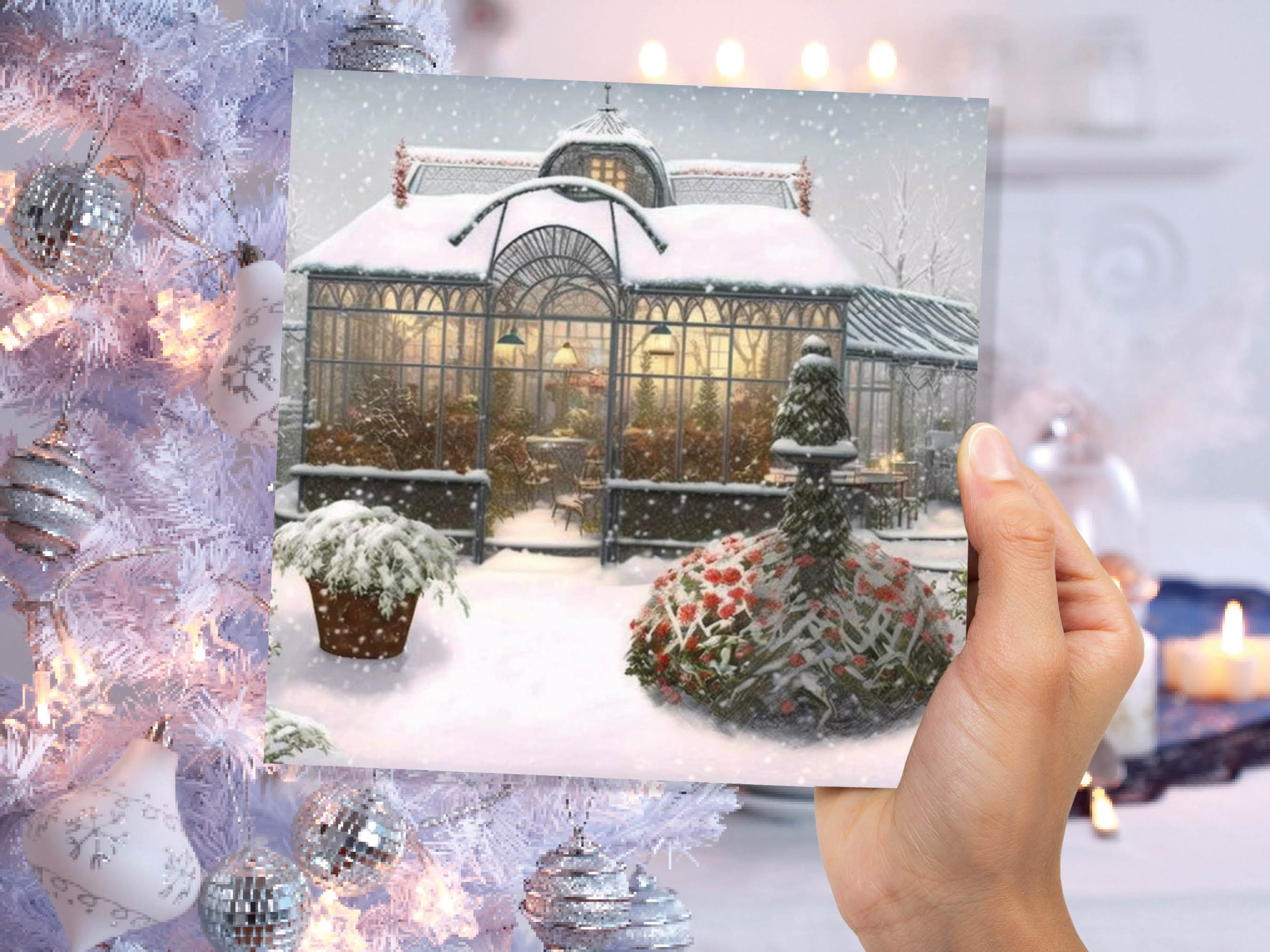 Snowy Greenhouse Card Winter Garden Gardeners Victorian Mansion Painting Unique Whimsical Greetings For Family Friends Xmas 2024 Thank You - View 3