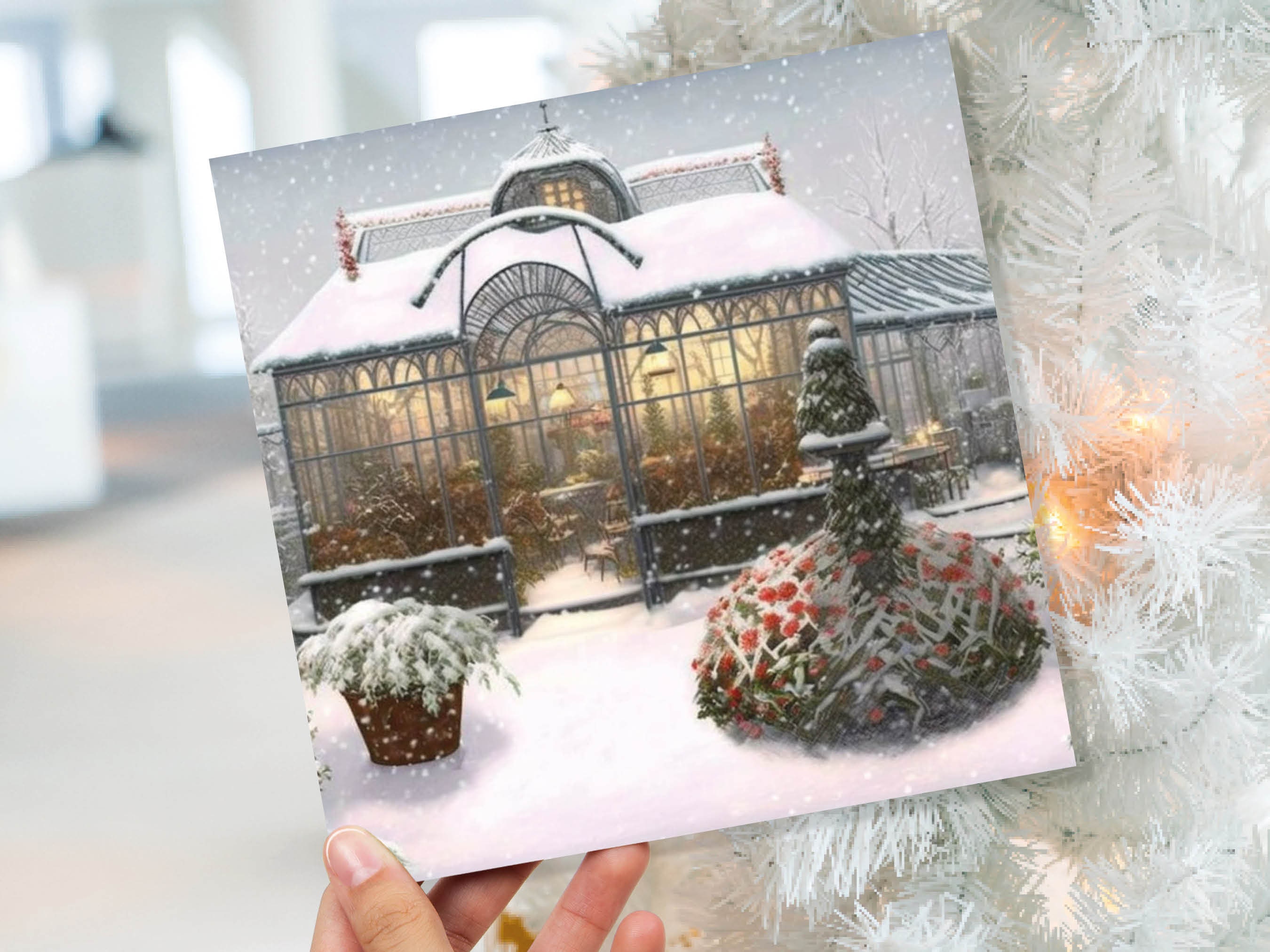 Snowy Greenhouse Card Winter Garden Gardeners Victorian Mansion Painting Unique Whimsical Greetings For Family Friends Xmas 2024 Thank You - View 9