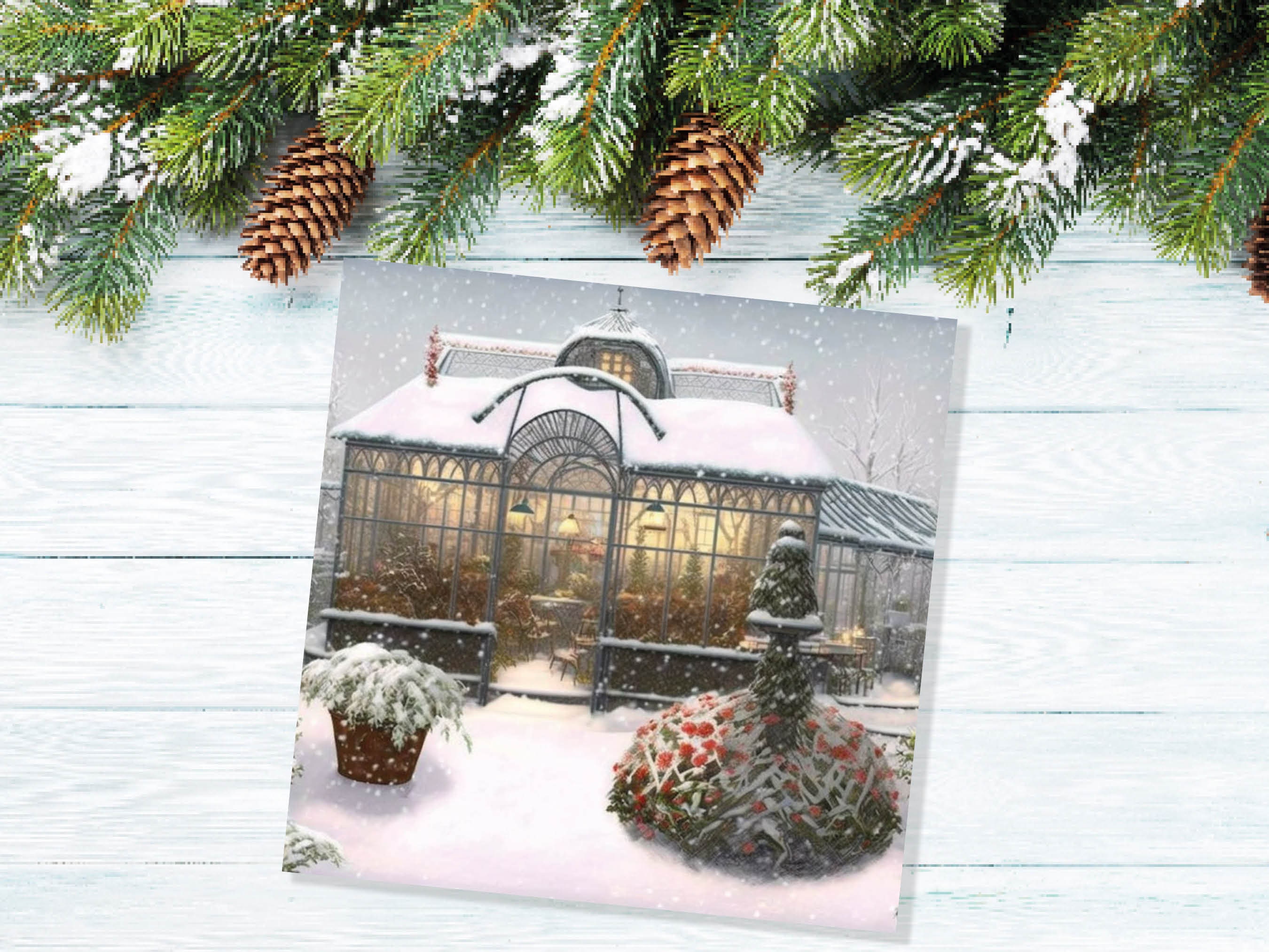 Snowy Greenhouse Card Winter Garden Gardeners Victorian Mansion Painting Unique Whimsical Greetings For Family Friends Xmas 2024 Thank You - View 4