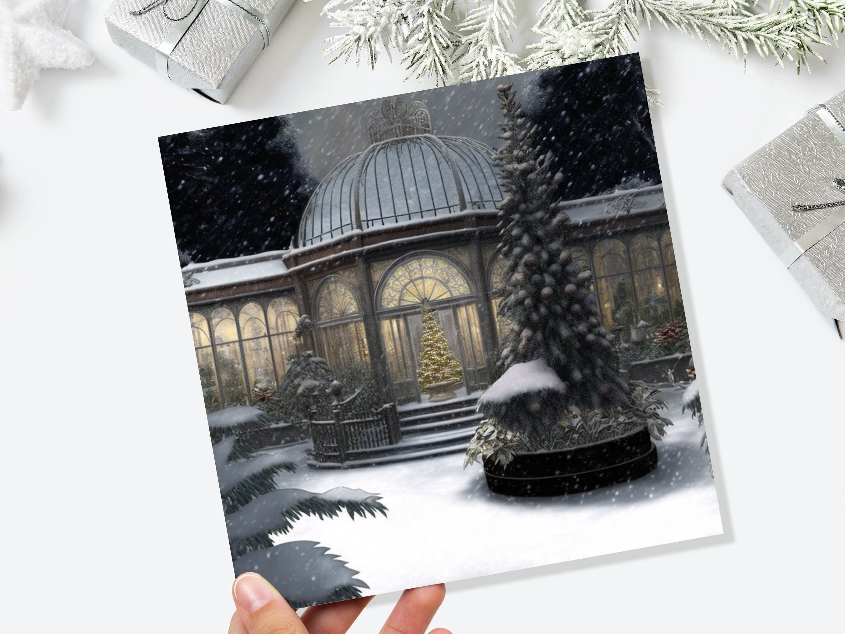 Winter Garden Card Greenhouse Orangery Gardeners Snow Victorian Mansion Country House Greetings Cards For Family Friends Xmas 2024 Thank You - View 2