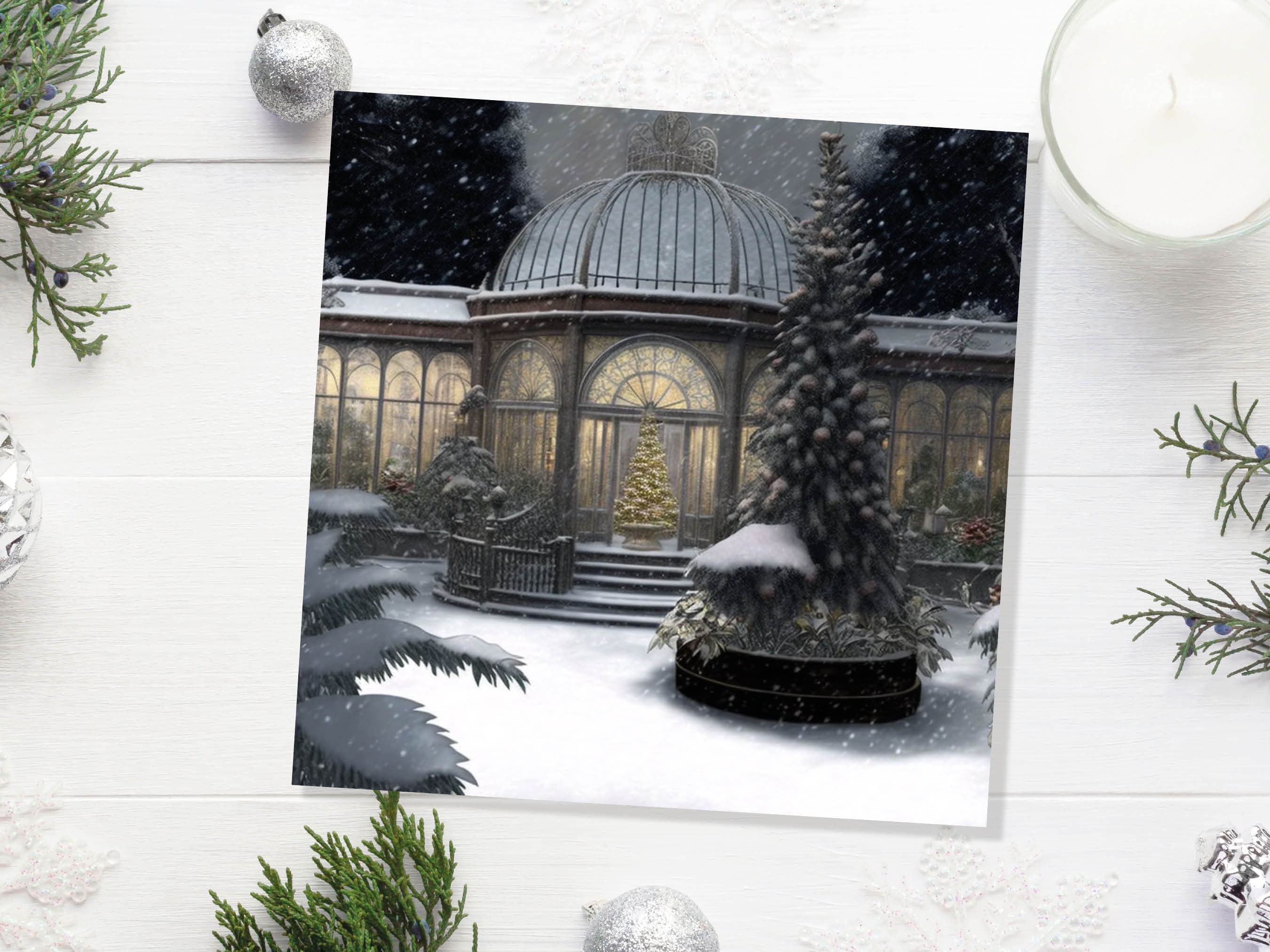 Winter Garden Card Greenhouse Orangery Gardeners Snow Victorian Mansion Country House Greetings Cards For Family Friends Xmas 2024 Thank You - View 3