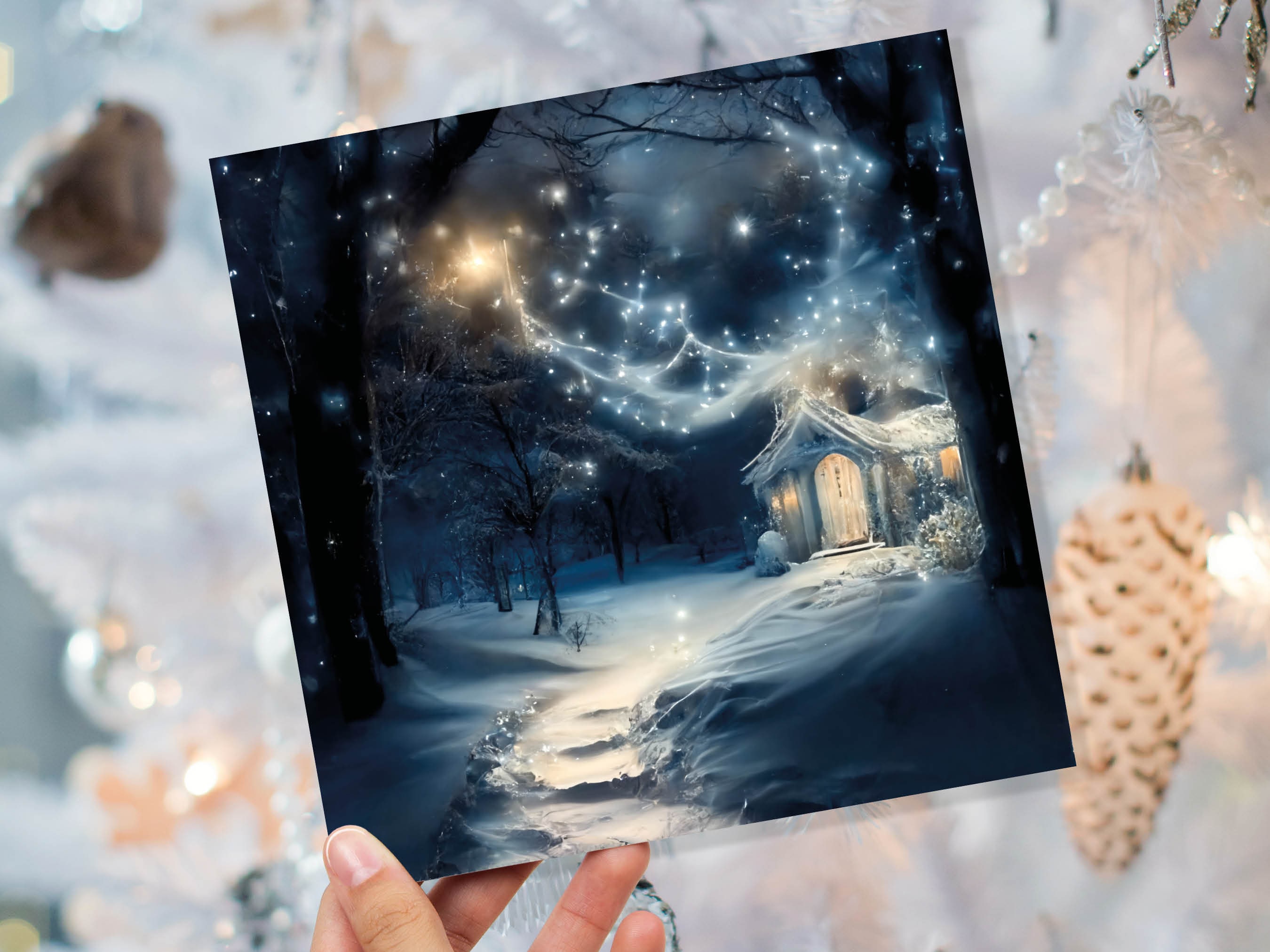 Magical Winter Christmas Card with Cosy Fairy Lights Snow Blue Whimsical Woodland Cottage Path Greetings Cards For Family Friends Xmas 2024