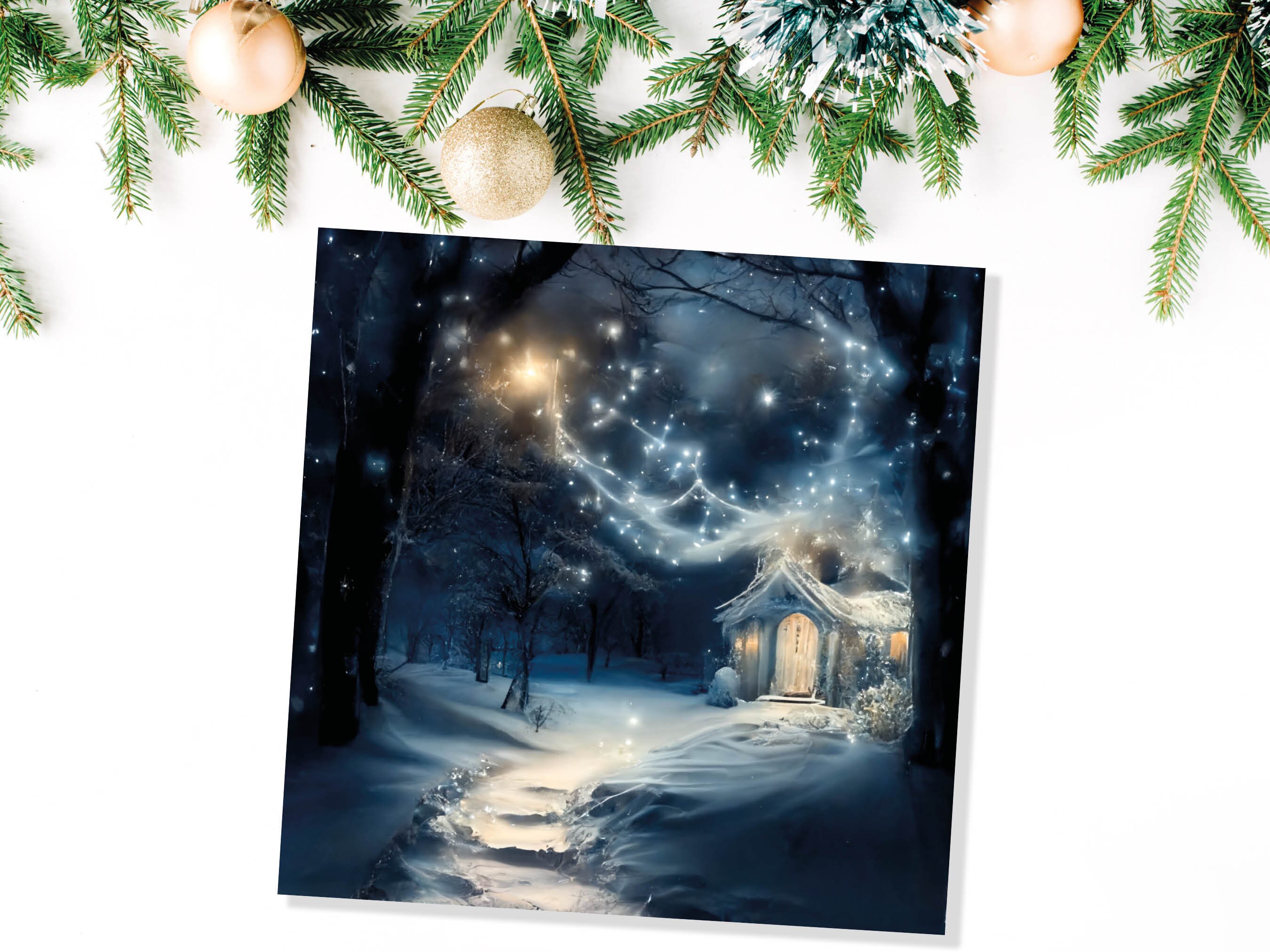 Magical Winter Christmas Card with Cosy Fairy Lights Snow Blue Whimsical Woodland Cottage Path Greetings Cards For Family Friends Xmas 2024 - View 2