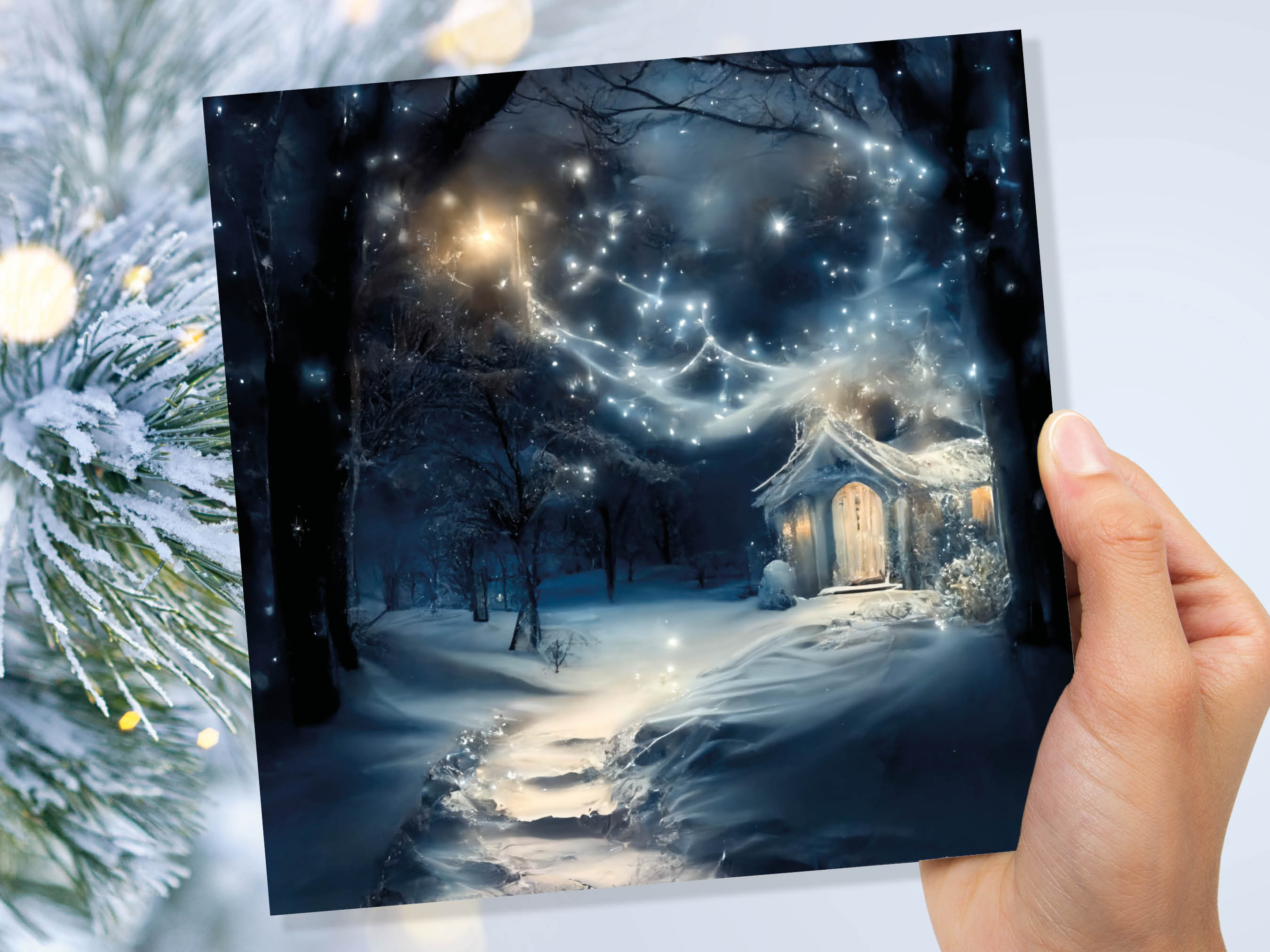 Magical Winter Christmas Card with Cosy Fairy Lights Snow Blue Whimsical Woodland Cottage Path Greetings Cards For Family Friends Xmas 2024 - View 3