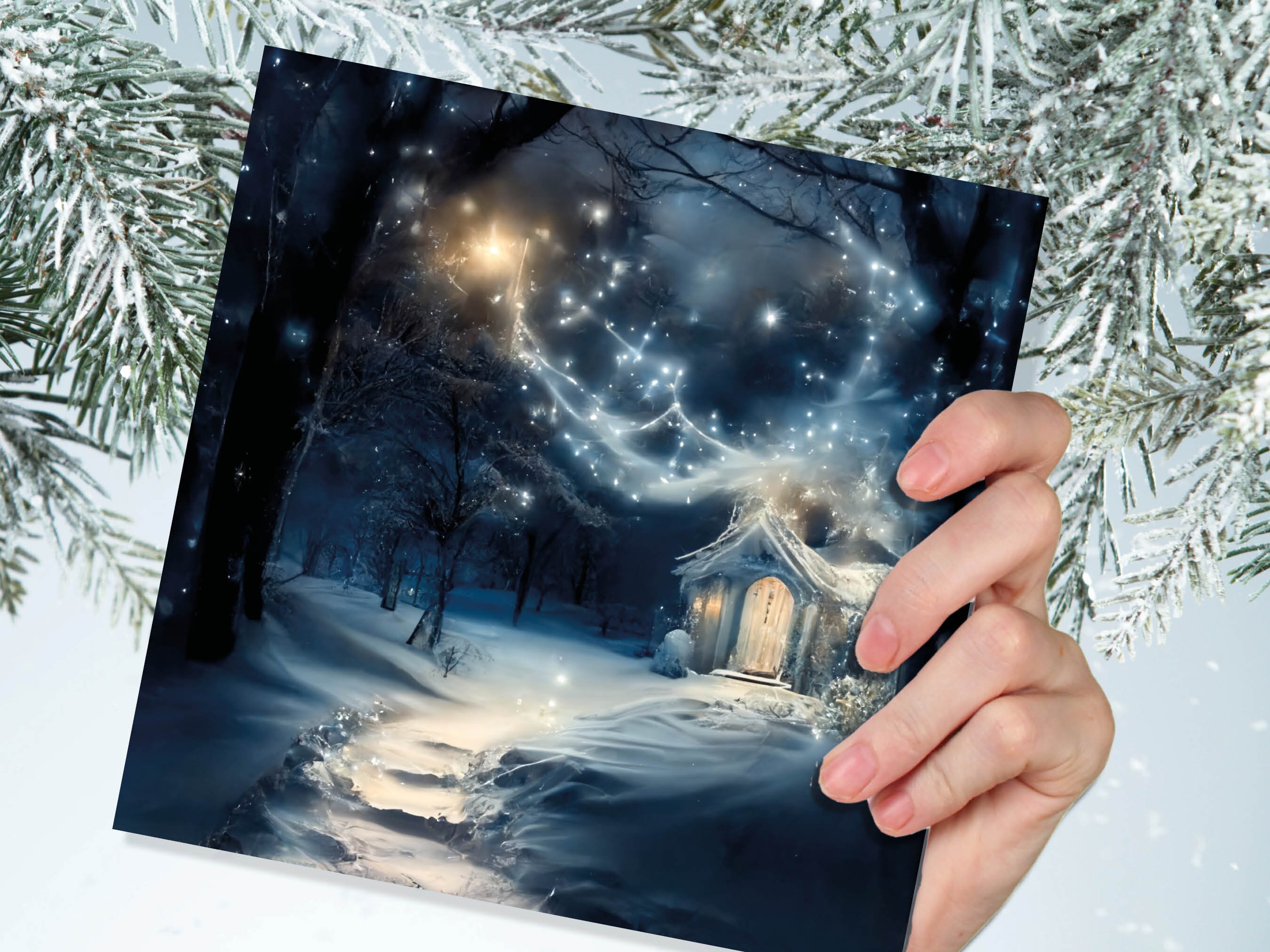 Magical Winter Christmas Card with Cosy Fairy Lights Snow Blue Whimsical Woodland Cottage Path Greetings Cards For Family Friends Xmas 2024 - View 4