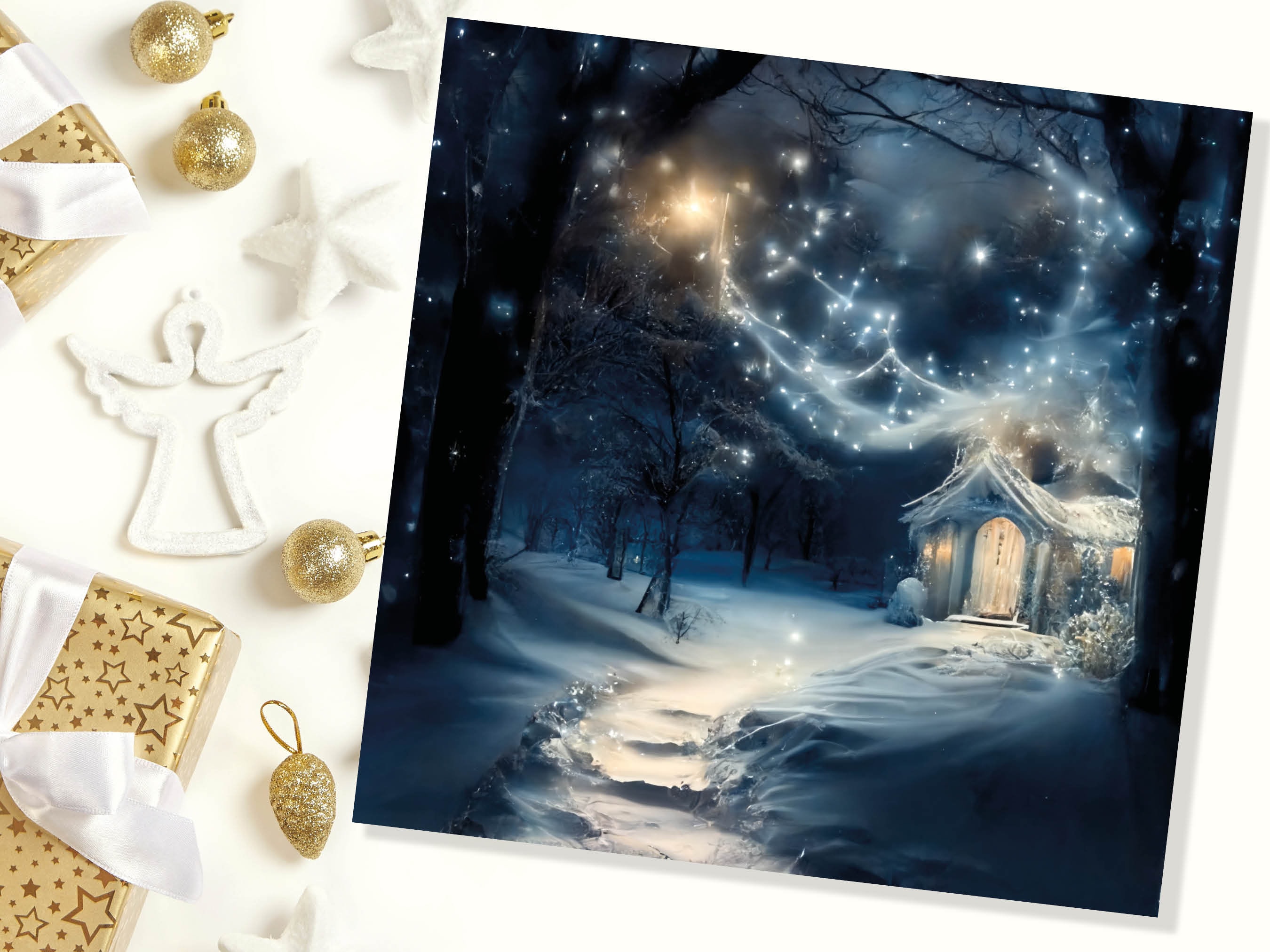 Magical Winter Christmas Card with Cosy Fairy Lights Snow Blue Whimsical Woodland Cottage Path Greetings Cards For Family Friends Xmas 2024 - View 5