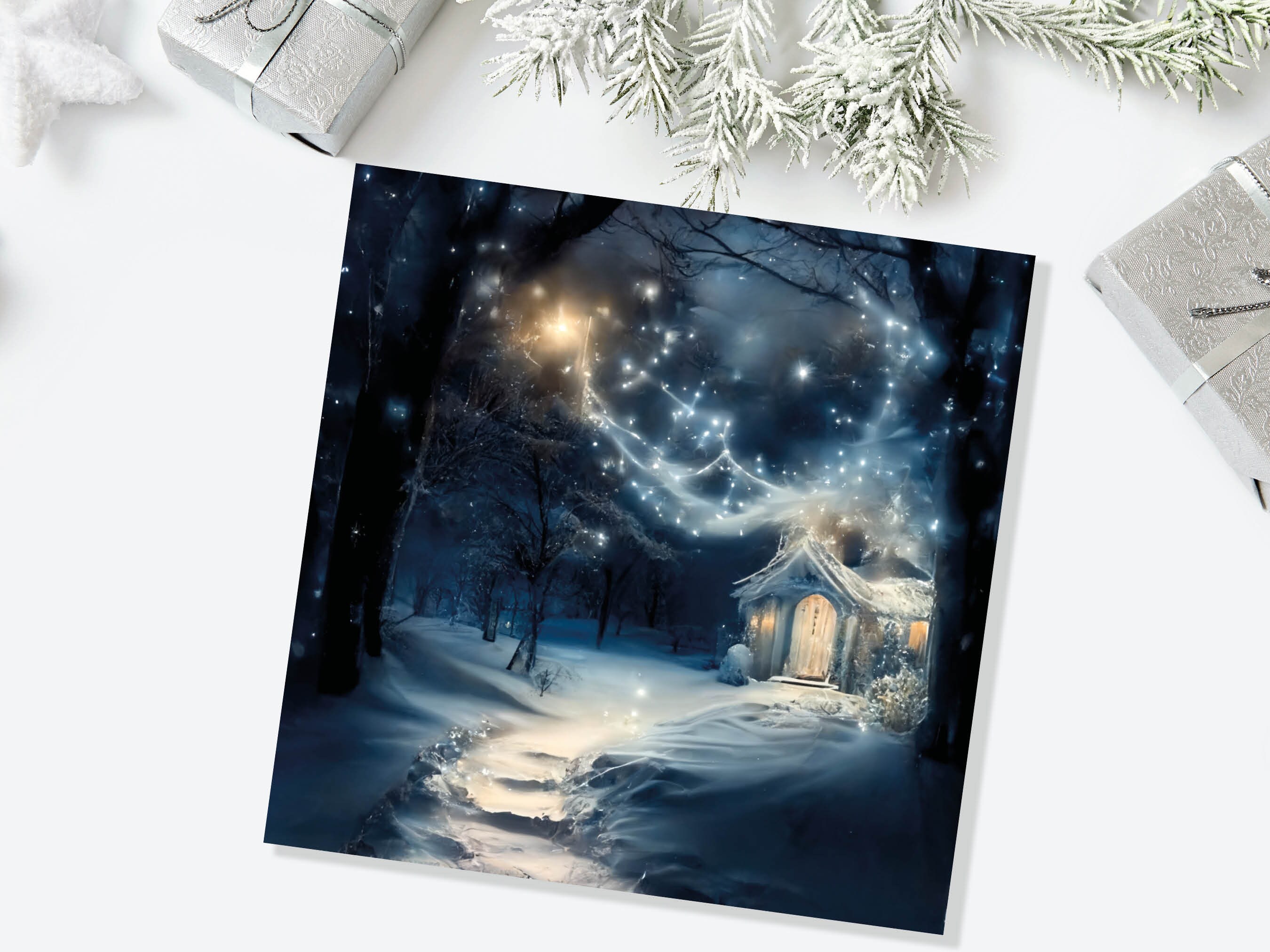 Magical Winter Christmas Card with Cosy Fairy Lights Snow Blue Whimsical Woodland Cottage Path Greetings Cards For Family Friends Xmas 2024 - View 6