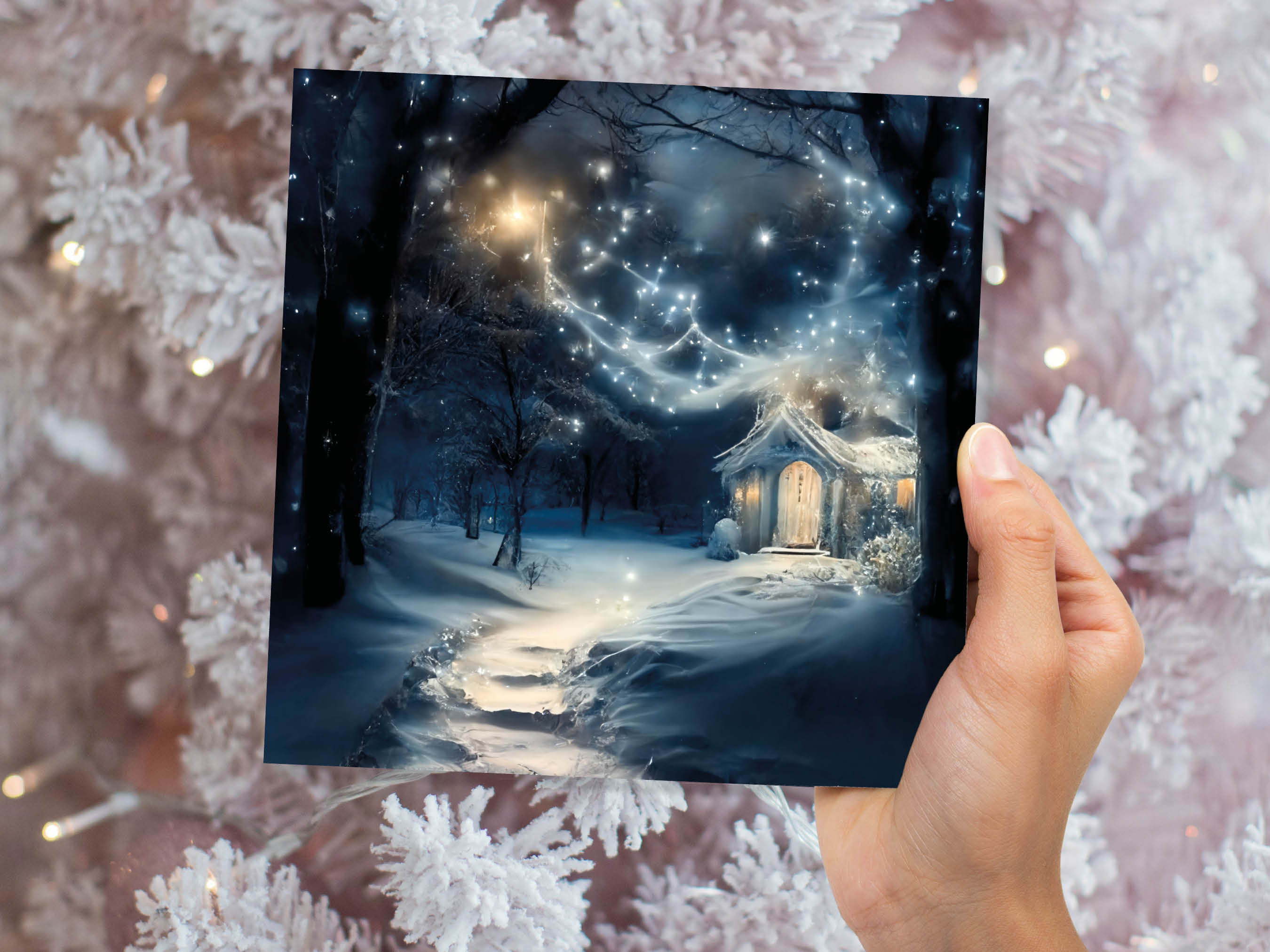 Magical Winter Christmas Card with Cosy Fairy Lights Snow Blue Whimsical Woodland Cottage Path Greetings Cards For Family Friends Xmas 2024 - View 7