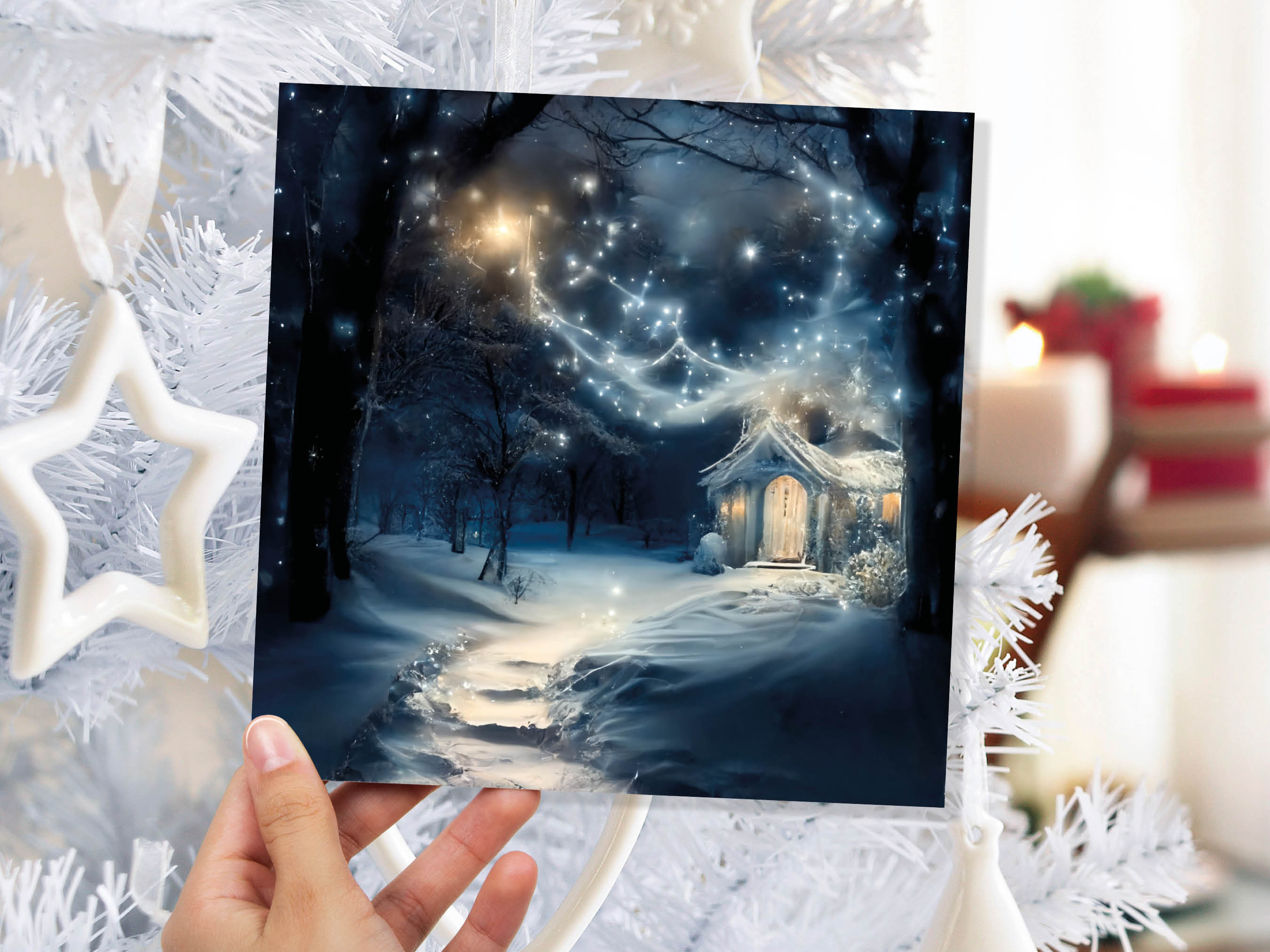 Magical Winter Christmas Card with Cosy Fairy Lights Snow Blue Whimsical Woodland Cottage Path Greetings Cards For Family Friends Xmas 2024 - View 8