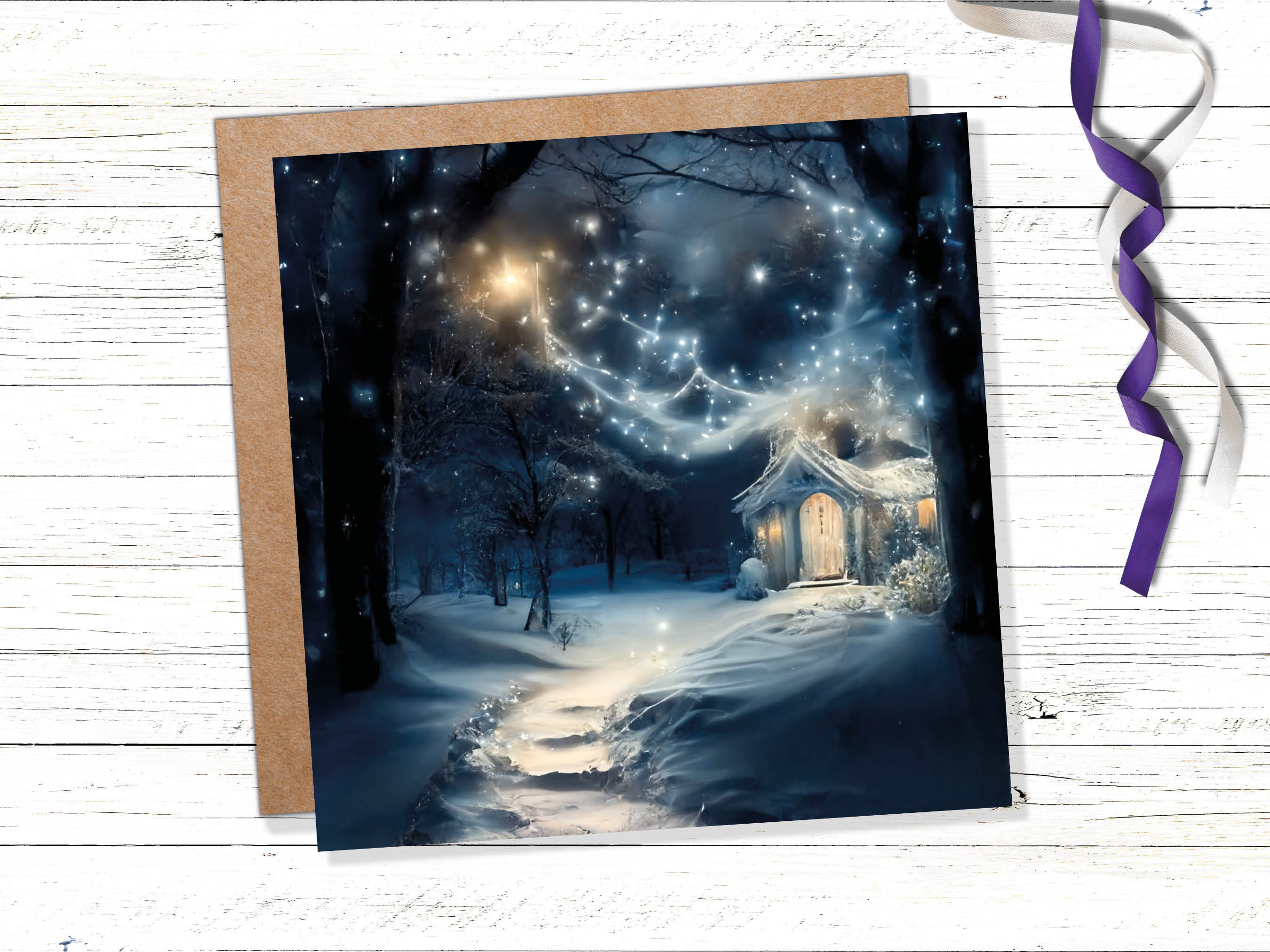 Magical Winter Christmas Card with Cosy Fairy Lights Snow Blue Whimsical Woodland Cottage Path Greetings Cards For Family Friends Xmas 2024 - View 9