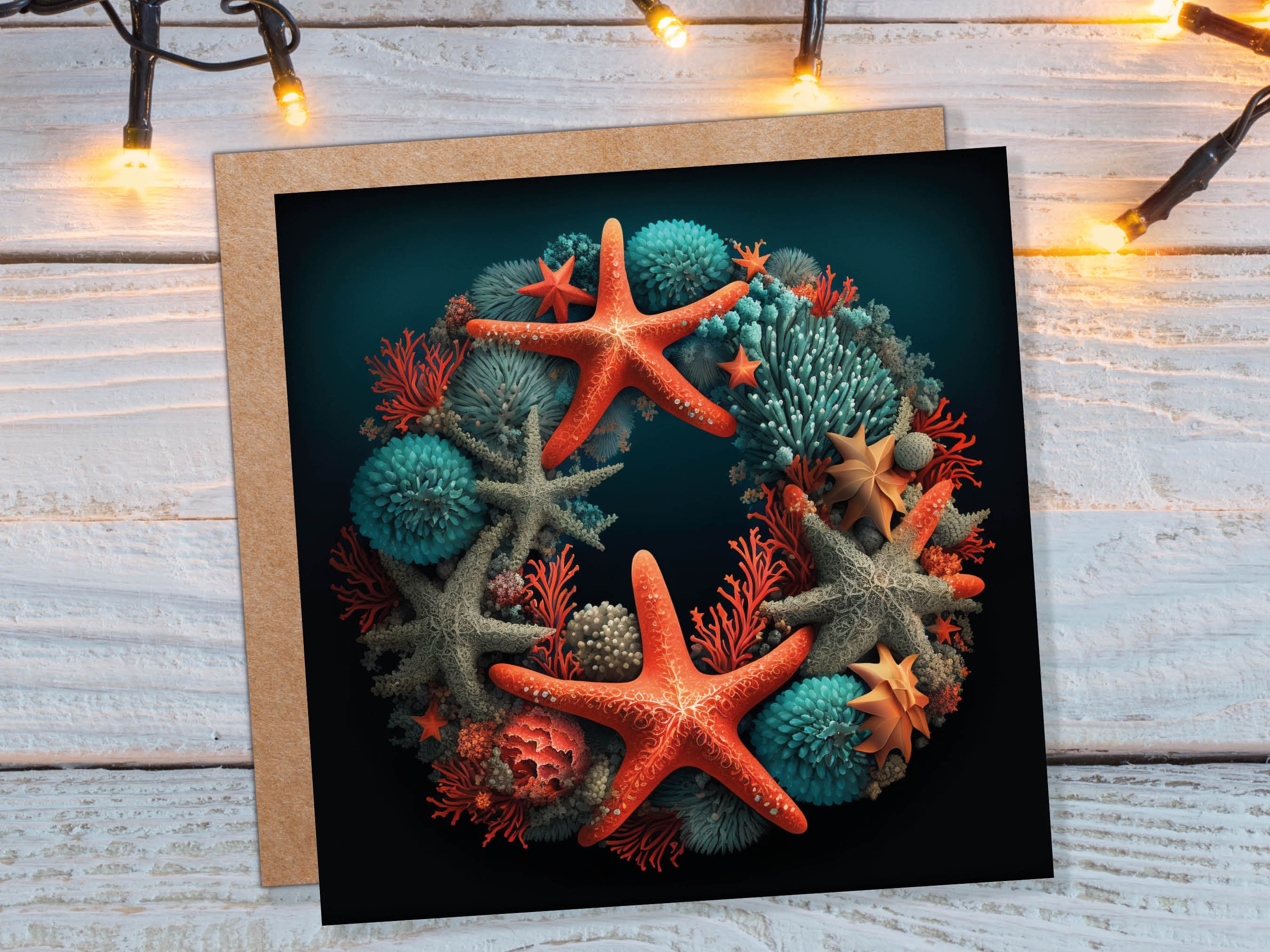 Coral Wreath Christmas Card Funny Ocean Reef Pun with Shells and Starfish Teal Orange Festive Greetings Cards For Family Friends Xmas 2024 - View 10