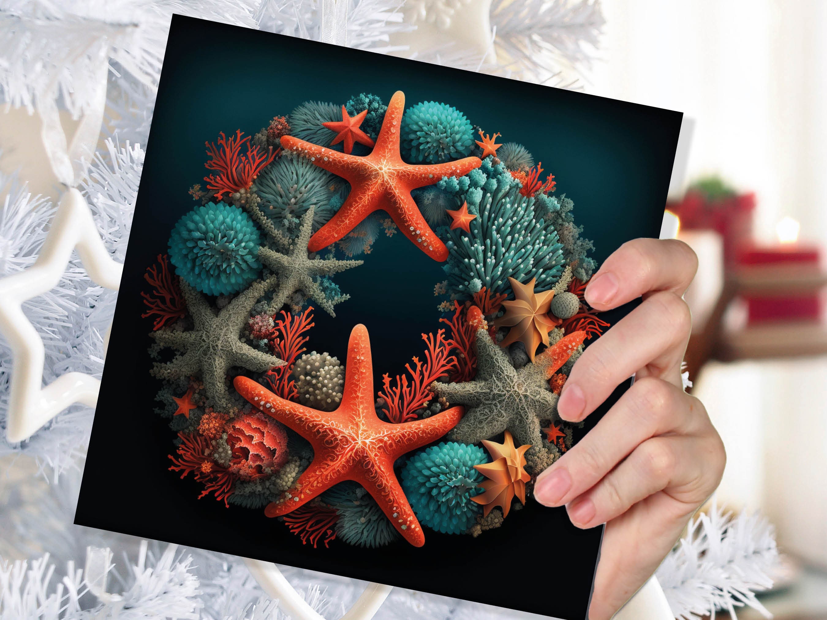 Coral Wreath Christmas Card Funny Ocean Reef Pun with Shells and Starfish Teal Orange Festive Greetings Cards For Family Friends Xmas 2024