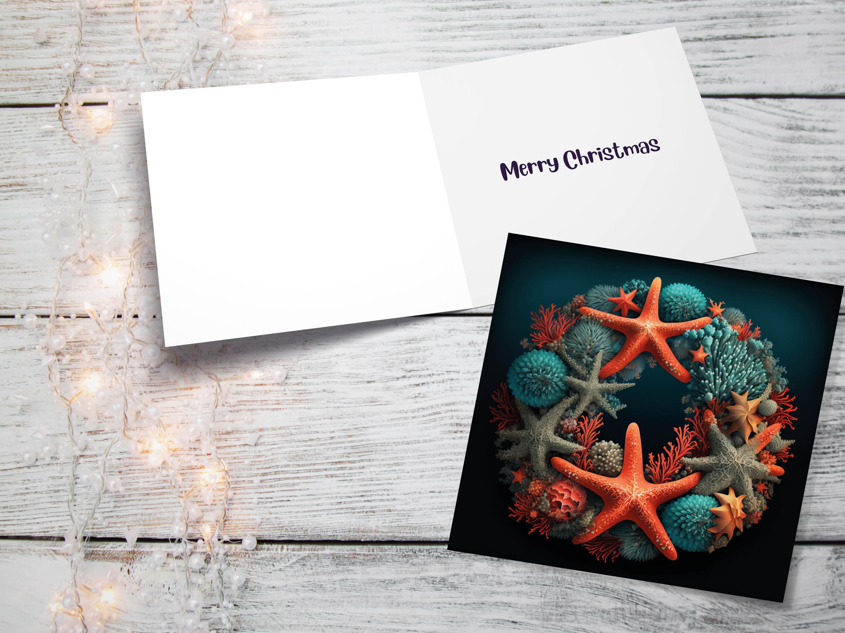 Coral Wreath Christmas Card Funny Ocean Reef Pun with Shells and Starfish Teal Orange Festive Greetings Cards For Family Friends Xmas 2024 - View 2