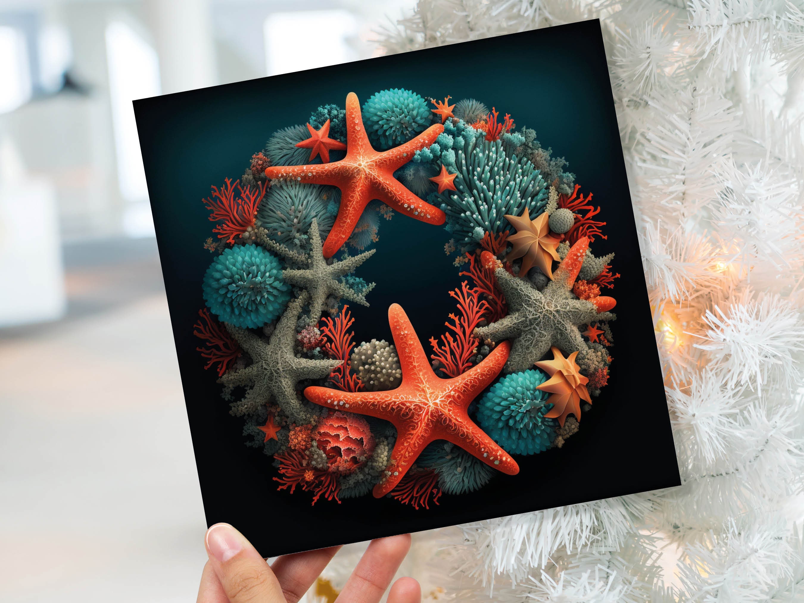 Coral Wreath Christmas Card Funny Ocean Reef Pun with Shells and Starfish Teal Orange Festive Greetings Cards For Family Friends Xmas 2024 - View 3