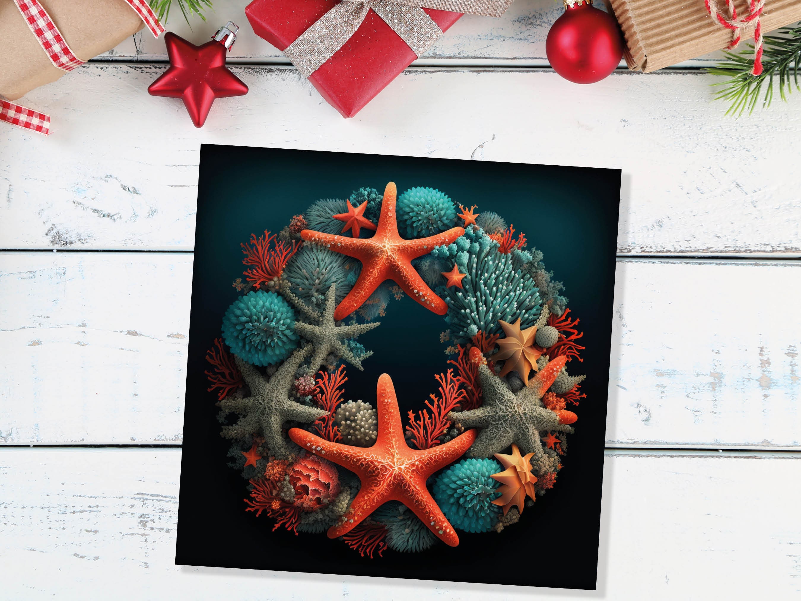 Coral Wreath Christmas Card Funny Ocean Reef Pun with Shells and Starfish Teal Orange Festive Greetings Cards For Family Friends Xmas 2024 - View 4