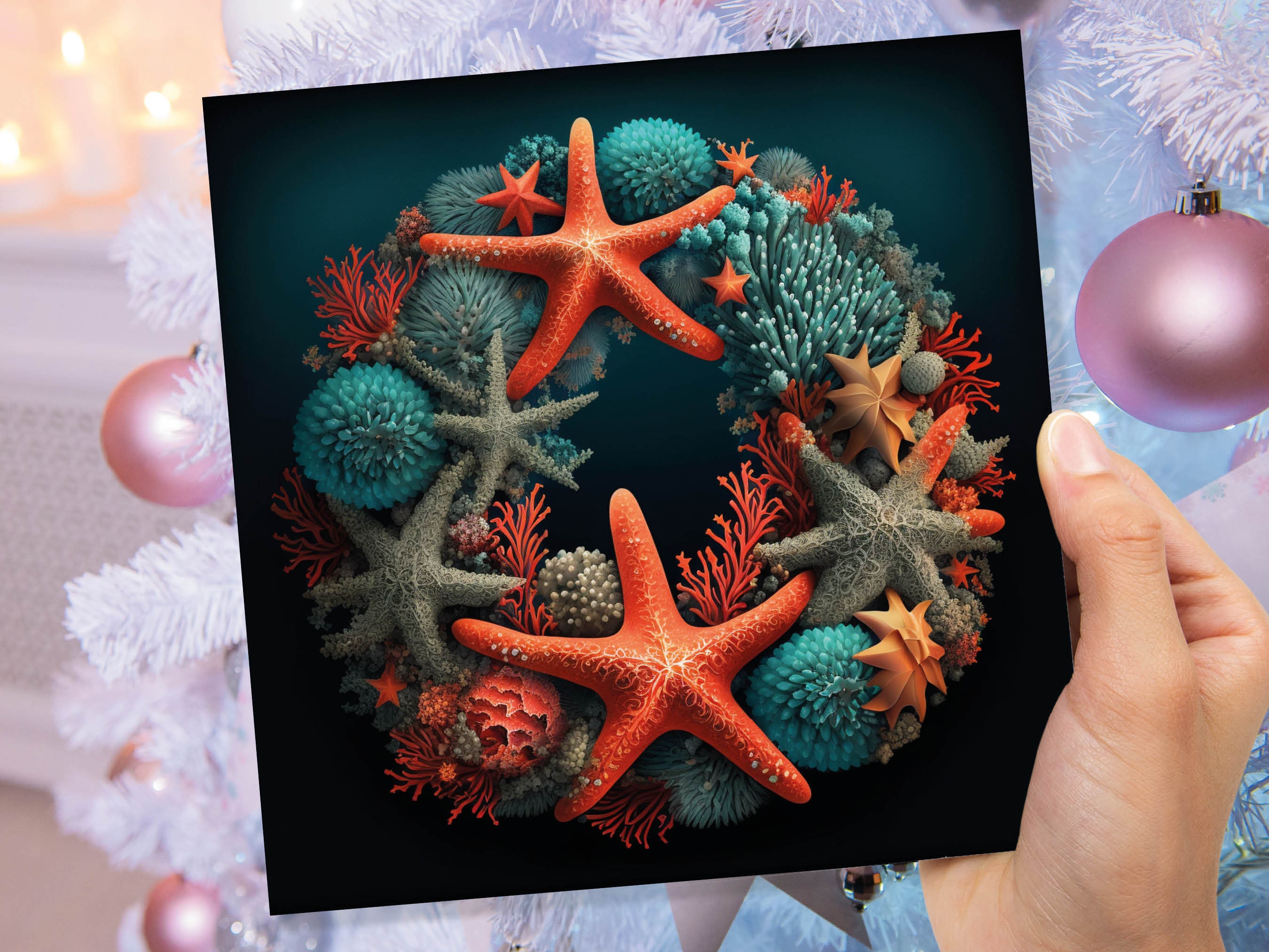 Coral Wreath Christmas Card Funny Ocean Reef Pun with Shells and Starfish Teal Orange Festive Greetings Cards For Family Friends Xmas 2024 - View 5