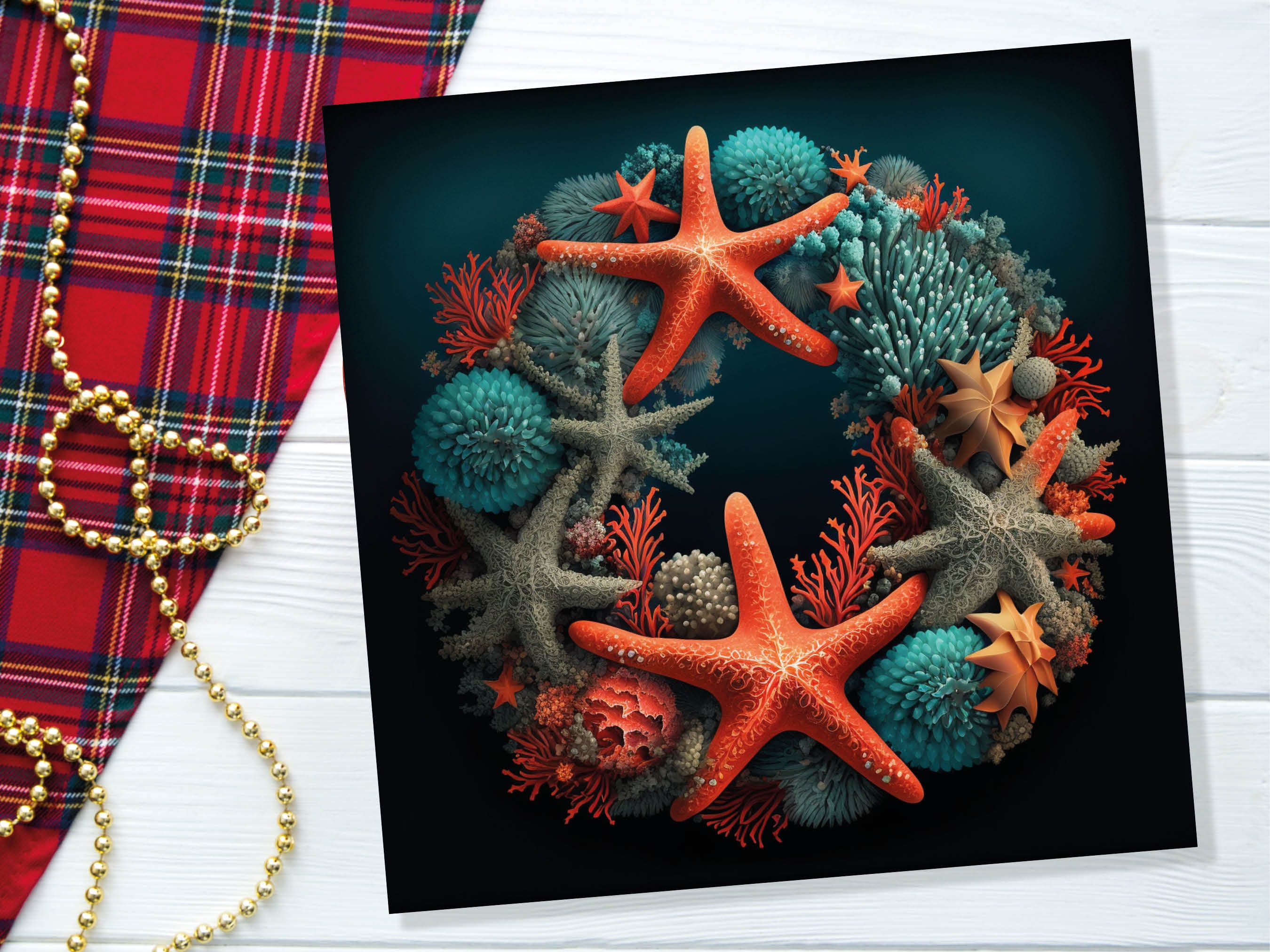 Coral Wreath Christmas Card Funny Ocean Reef Pun with Shells and Starfish Teal Orange Festive Greetings Cards For Family Friends Xmas 2024 - View 6