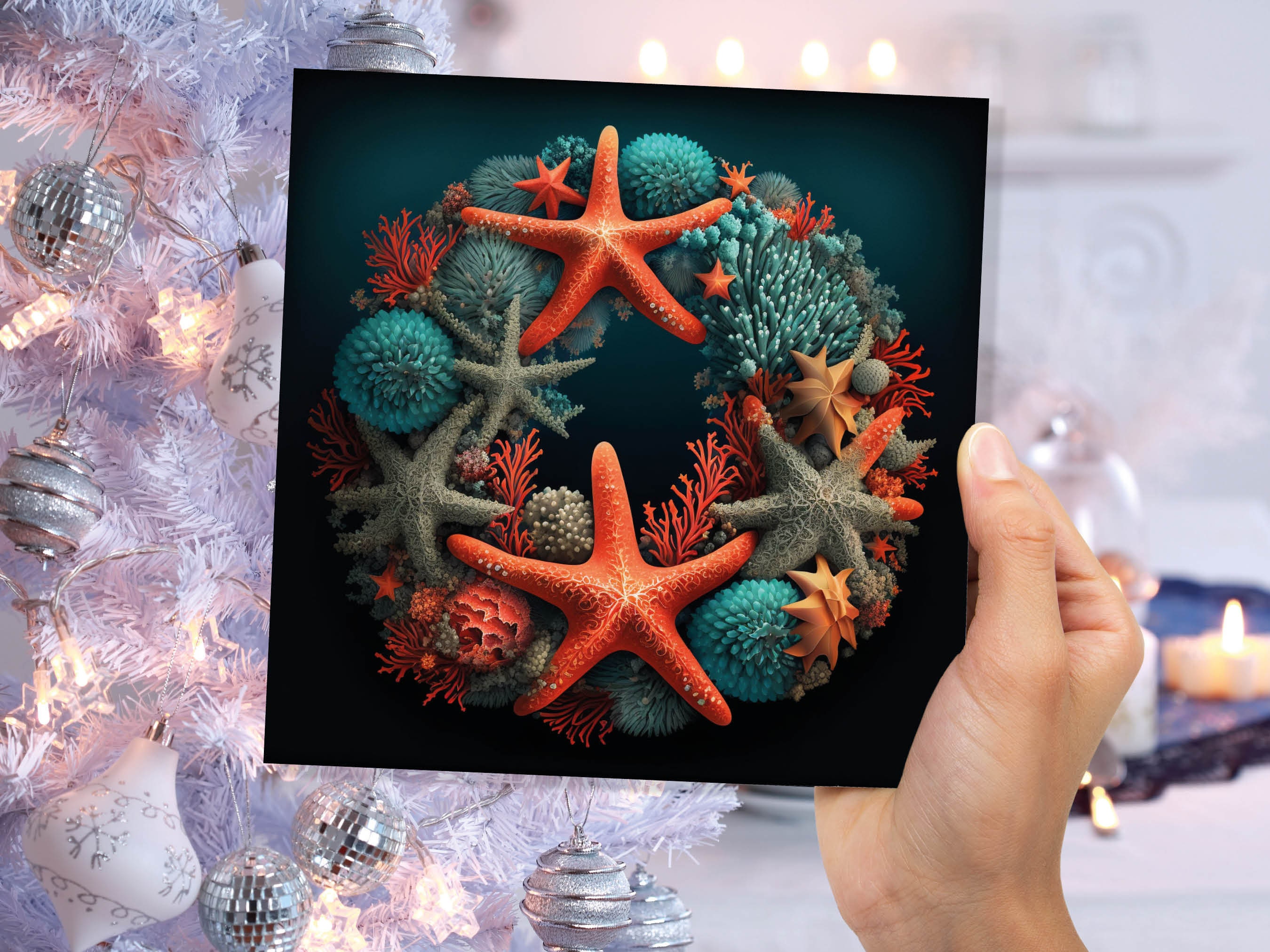 Coral Wreath Christmas Card Funny Ocean Reef Pun with Shells and Starfish Teal Orange Festive Greetings Cards For Family Friends Xmas 2024 - View 7