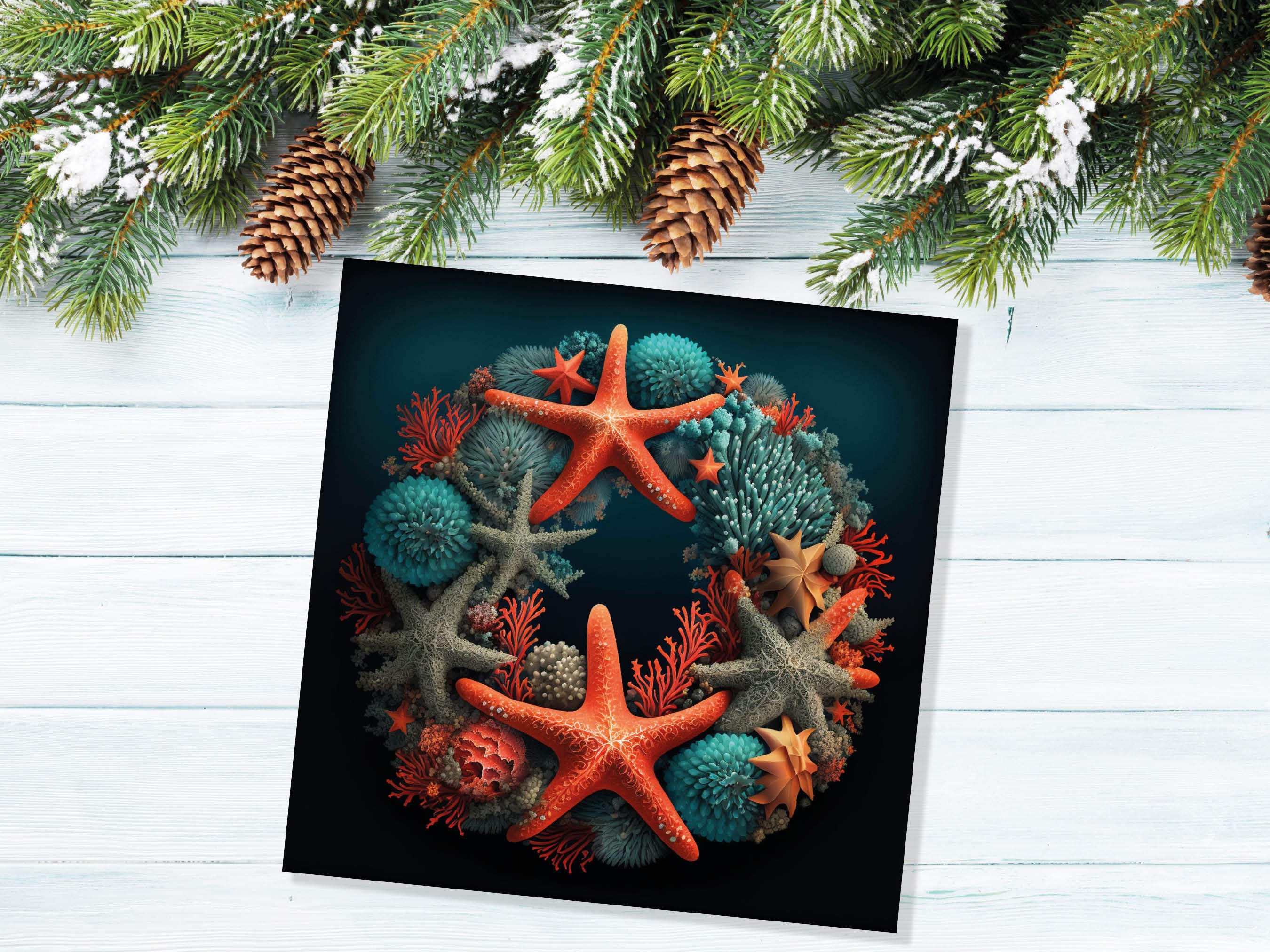 Coral Wreath Christmas Card Funny Ocean Reef Pun with Shells and Starfish Teal Orange Festive Greetings Cards For Family Friends Xmas 2024 - View 8