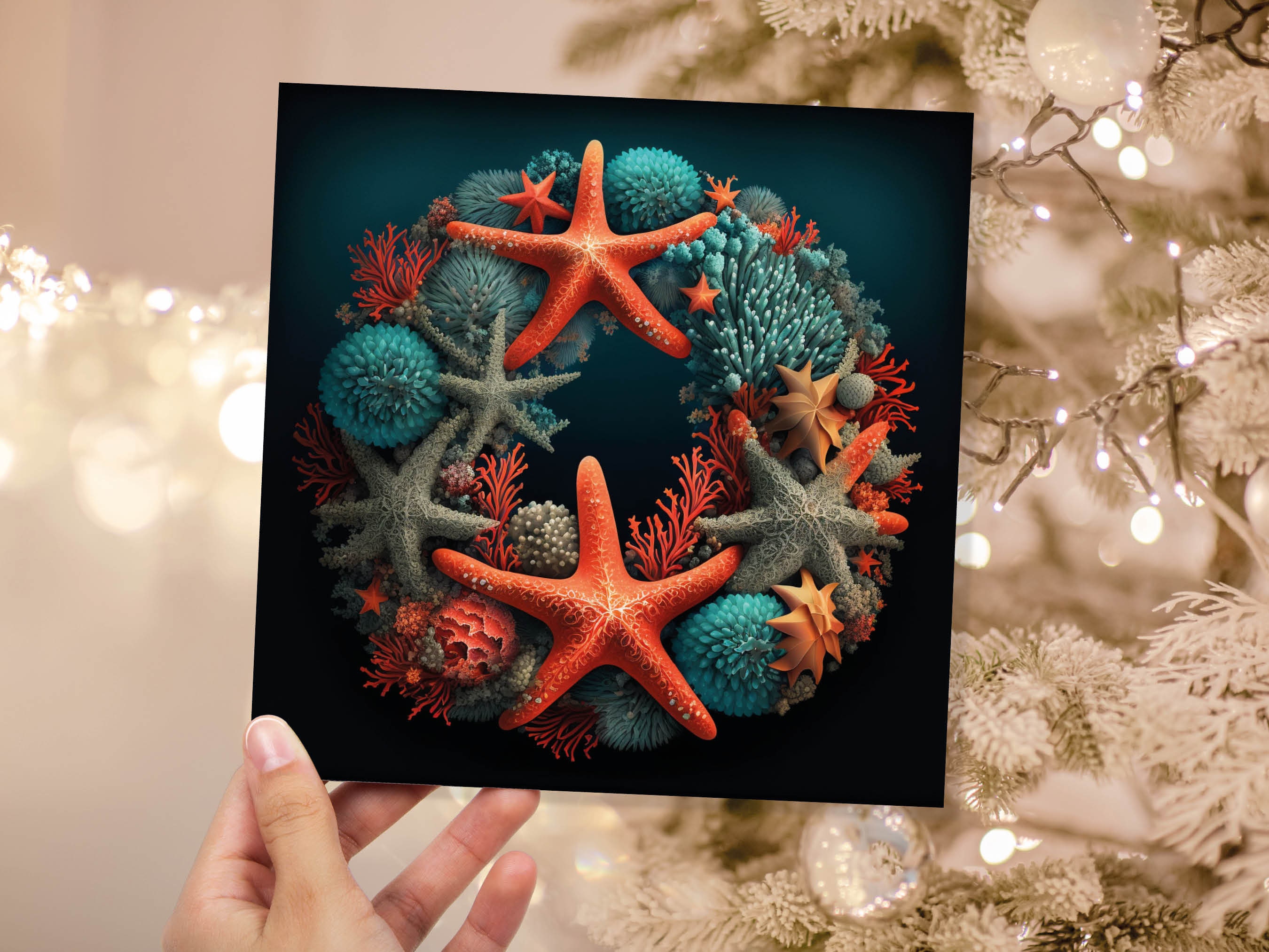 Coral Wreath Christmas Card Funny Ocean Reef Pun with Shells and Starfish Teal Orange Festive Greetings Cards For Family Friends Xmas 2024 - View 9