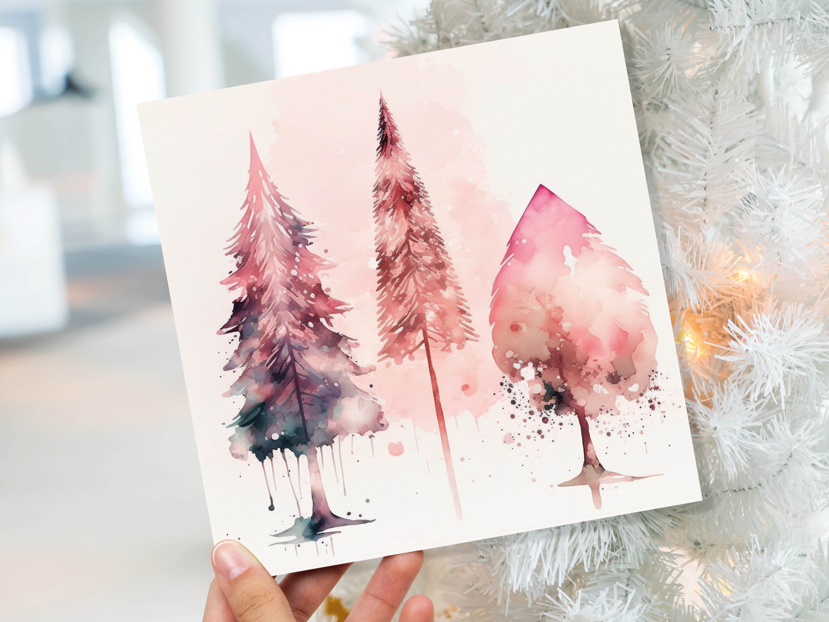 Watercolour Christmas Trees Card Beautiful Pink Messy Painting Splashes Modern Elegant Fir Tree Greetings Cards For Family Friends Xmas 2024