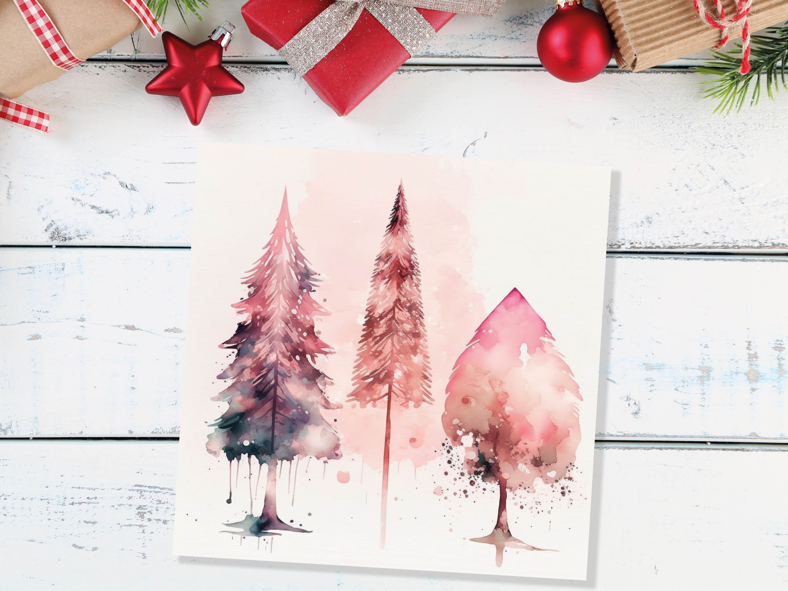 Watercolour Christmas Trees Card Beautiful Pink Messy Painting Splashes Modern Elegant Fir Tree Greetings Cards For Family Friends Xmas 2024 - View 2