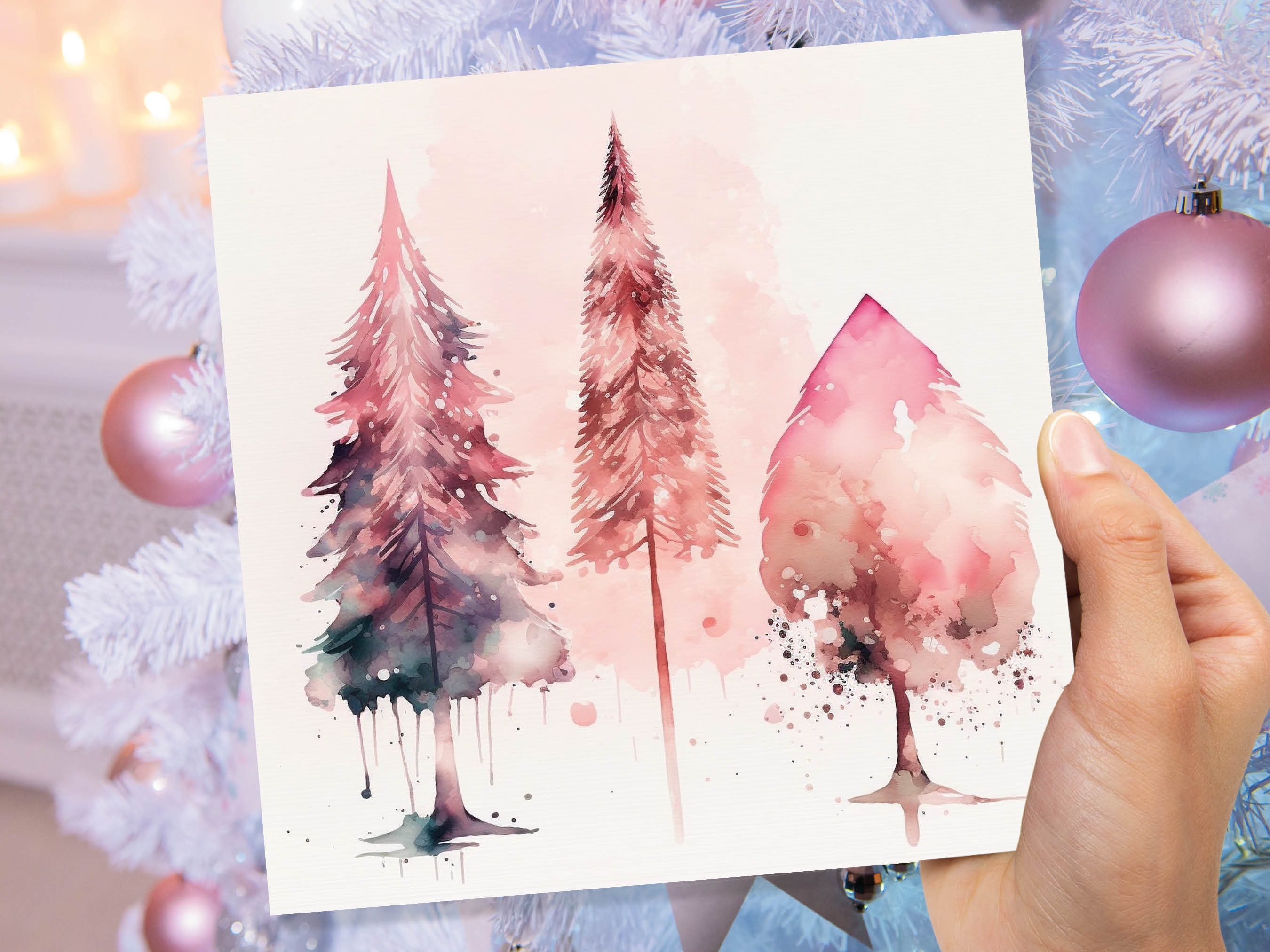 Watercolour Christmas Trees Card Beautiful Pink Messy Painting Splashes Modern Elegant Fir Tree Greetings Cards For Family Friends Xmas 2024 - View 3