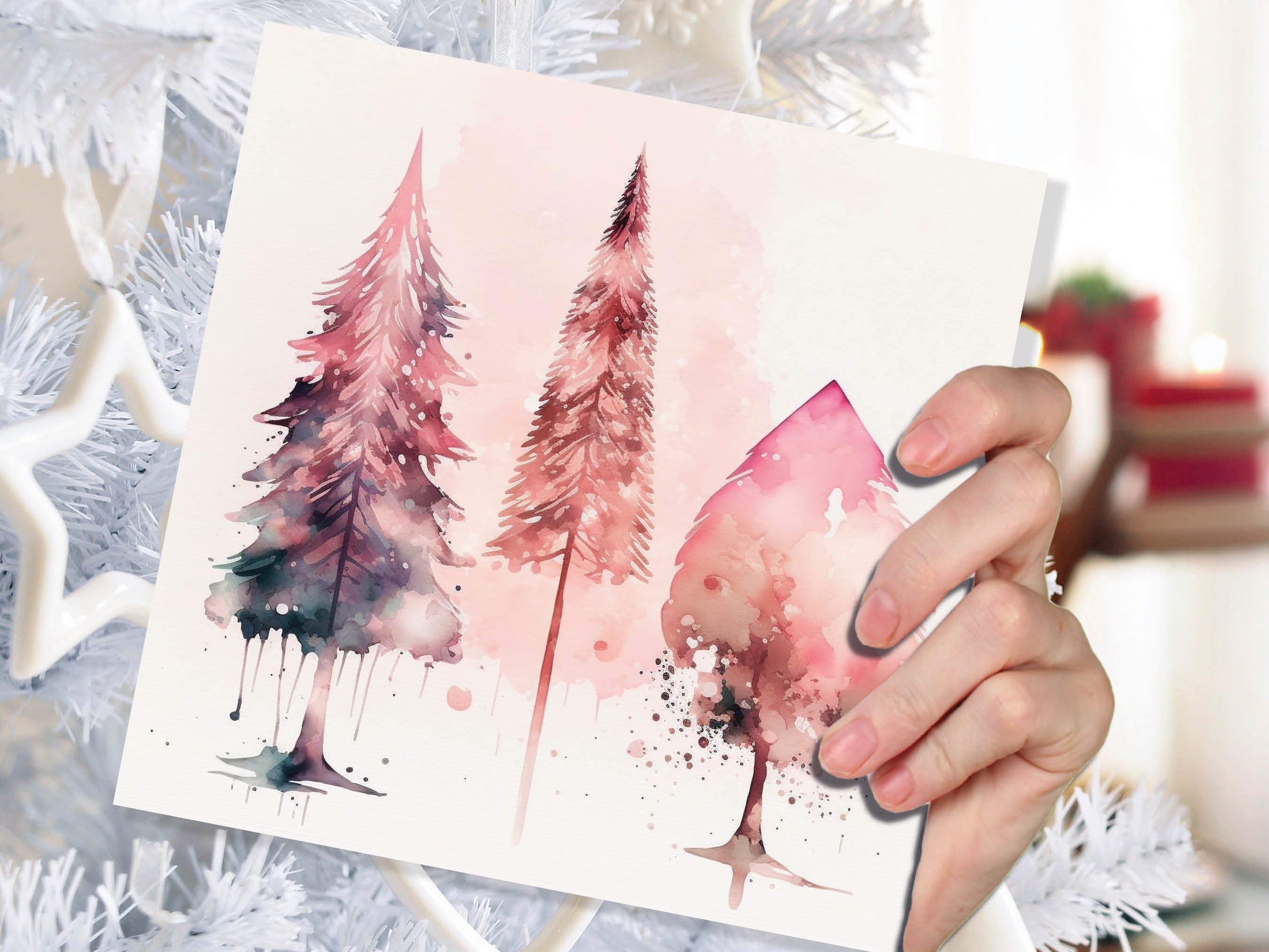 Watercolour Christmas Trees Card Beautiful Pink Messy Painting Splashes Modern Elegant Fir Tree Greetings Cards For Family Friends Xmas 2024 - View 4