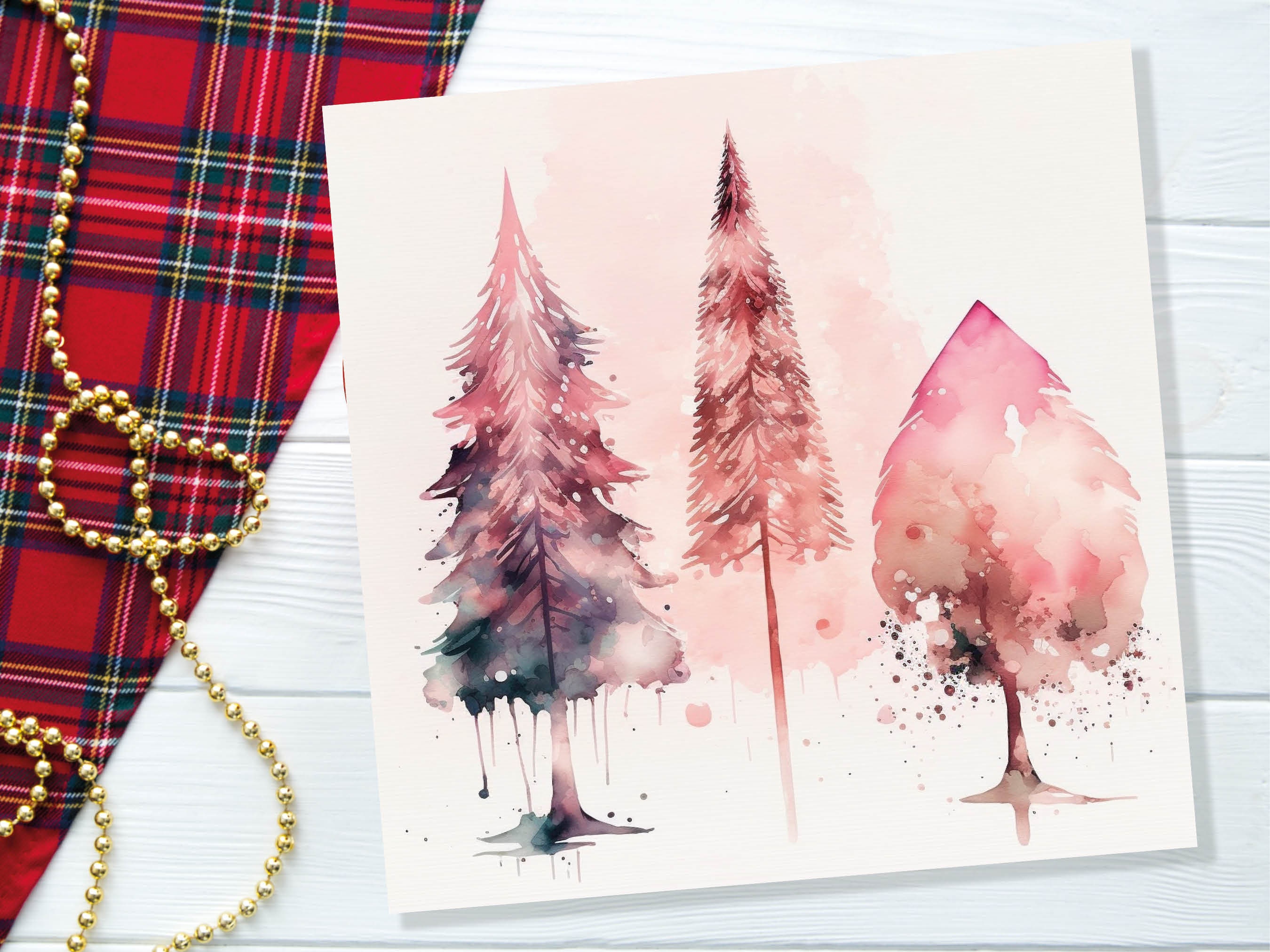 Watercolour Christmas Trees Card Beautiful Pink Messy Painting Splashes Modern Elegant Fir Tree Greetings Cards For Family Friends Xmas 2024 - View 5