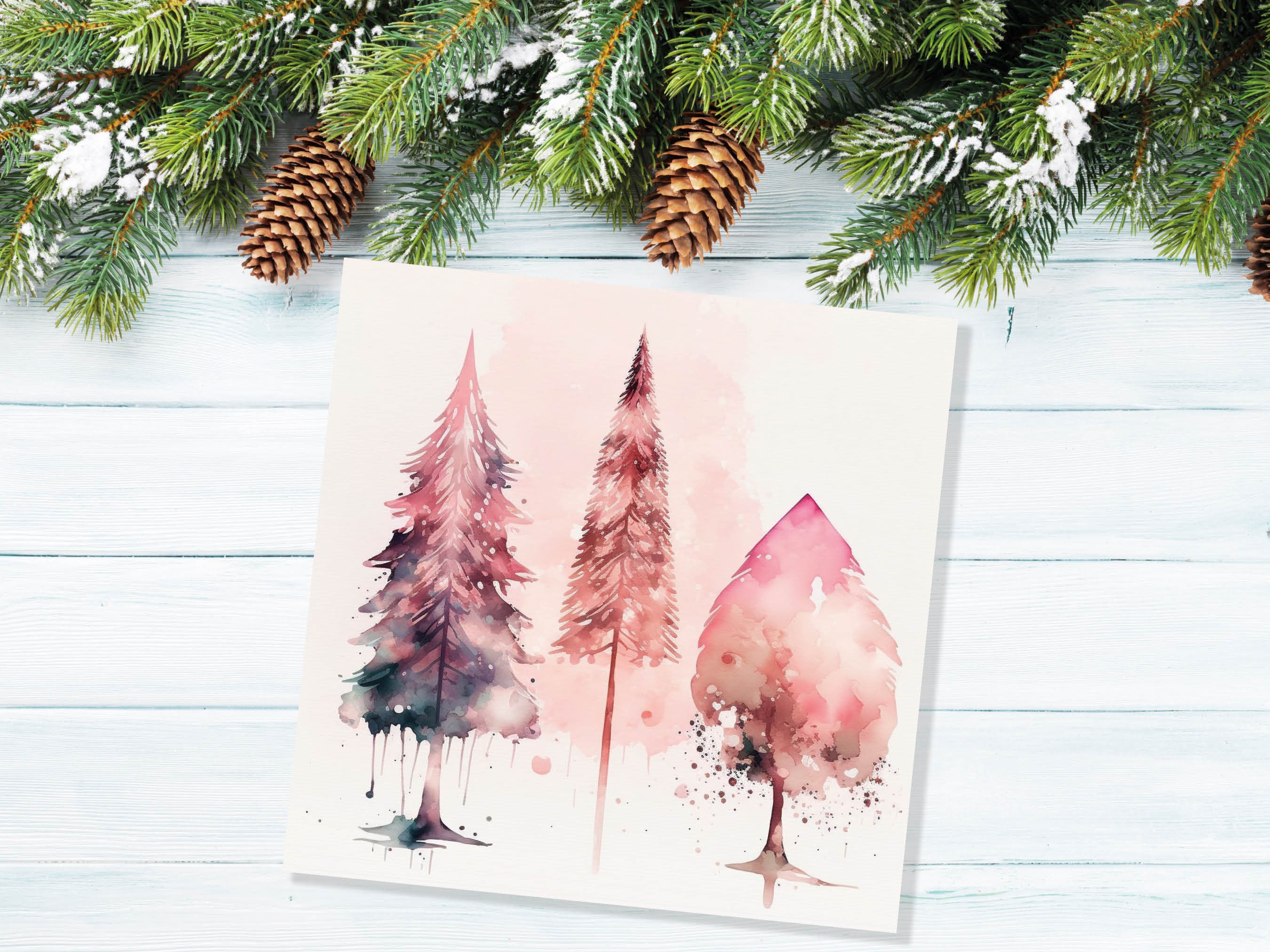 Watercolour Christmas Trees Card Beautiful Pink Messy Painting Splashes Modern Elegant Fir Tree Greetings Cards For Family Friends Xmas 2024 - View 6