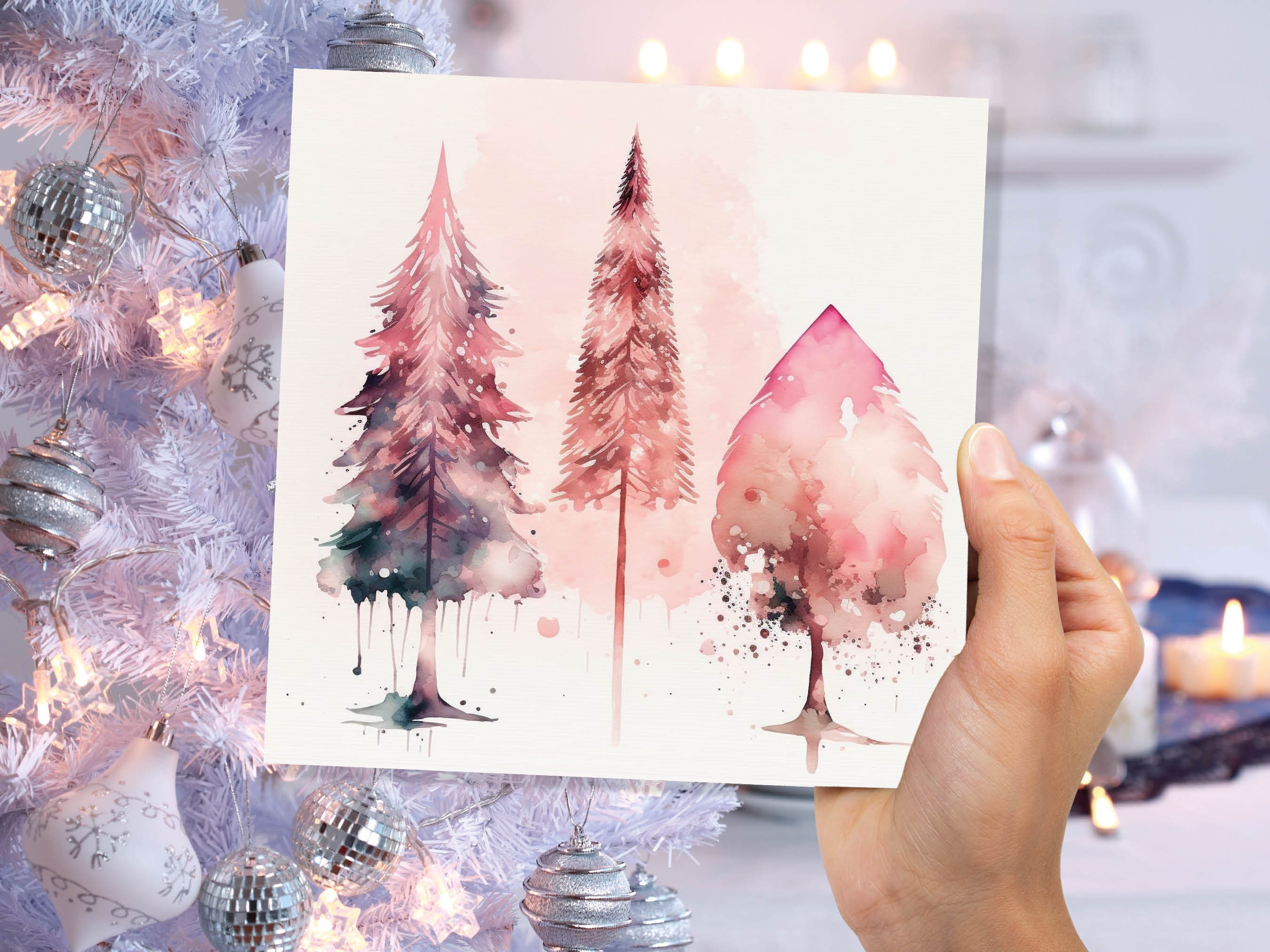 Watercolour Christmas Trees Card Beautiful Pink Messy Painting Splashes Modern Elegant Fir Tree Greetings Cards For Family Friends Xmas 2024 - View 7