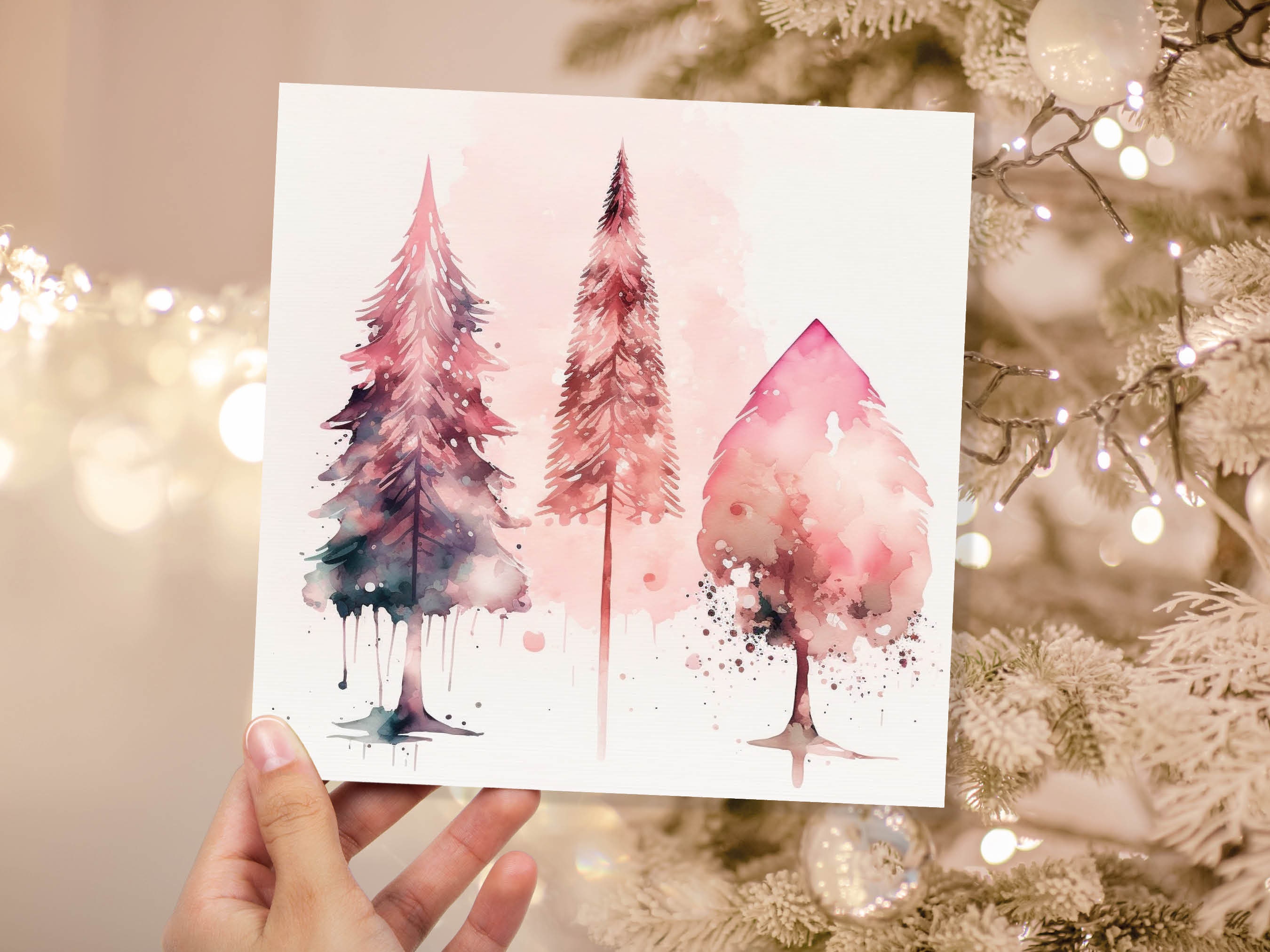 Watercolour Christmas Trees Card Beautiful Pink Messy Painting Splashes Modern Elegant Fir Tree Greetings Cards For Family Friends Xmas 2024 - View 8