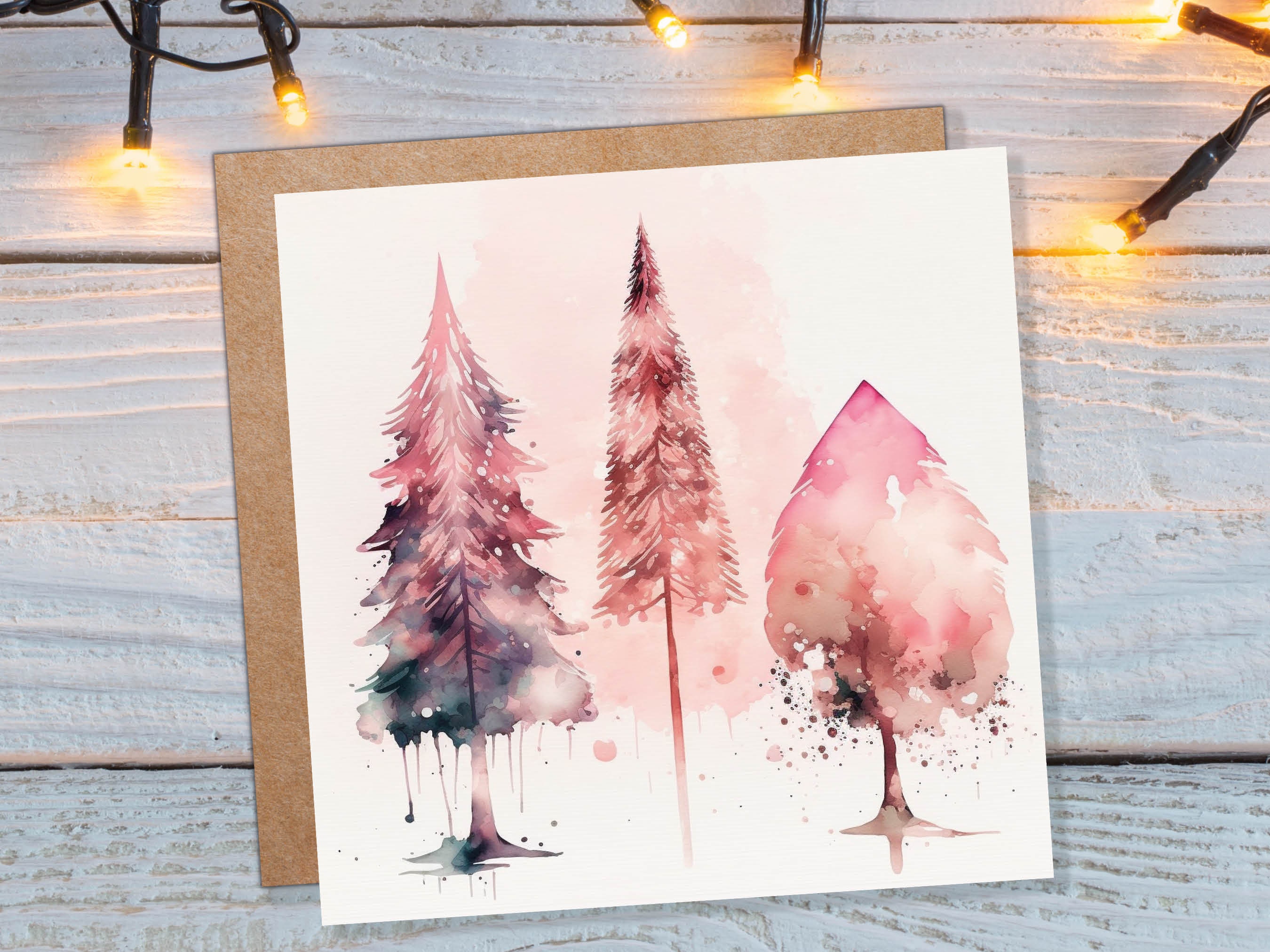 Watercolour Christmas Trees Card Beautiful Pink Messy Painting Splashes Modern Elegant Fir Tree Greetings Cards For Family Friends Xmas 2024 - View 9