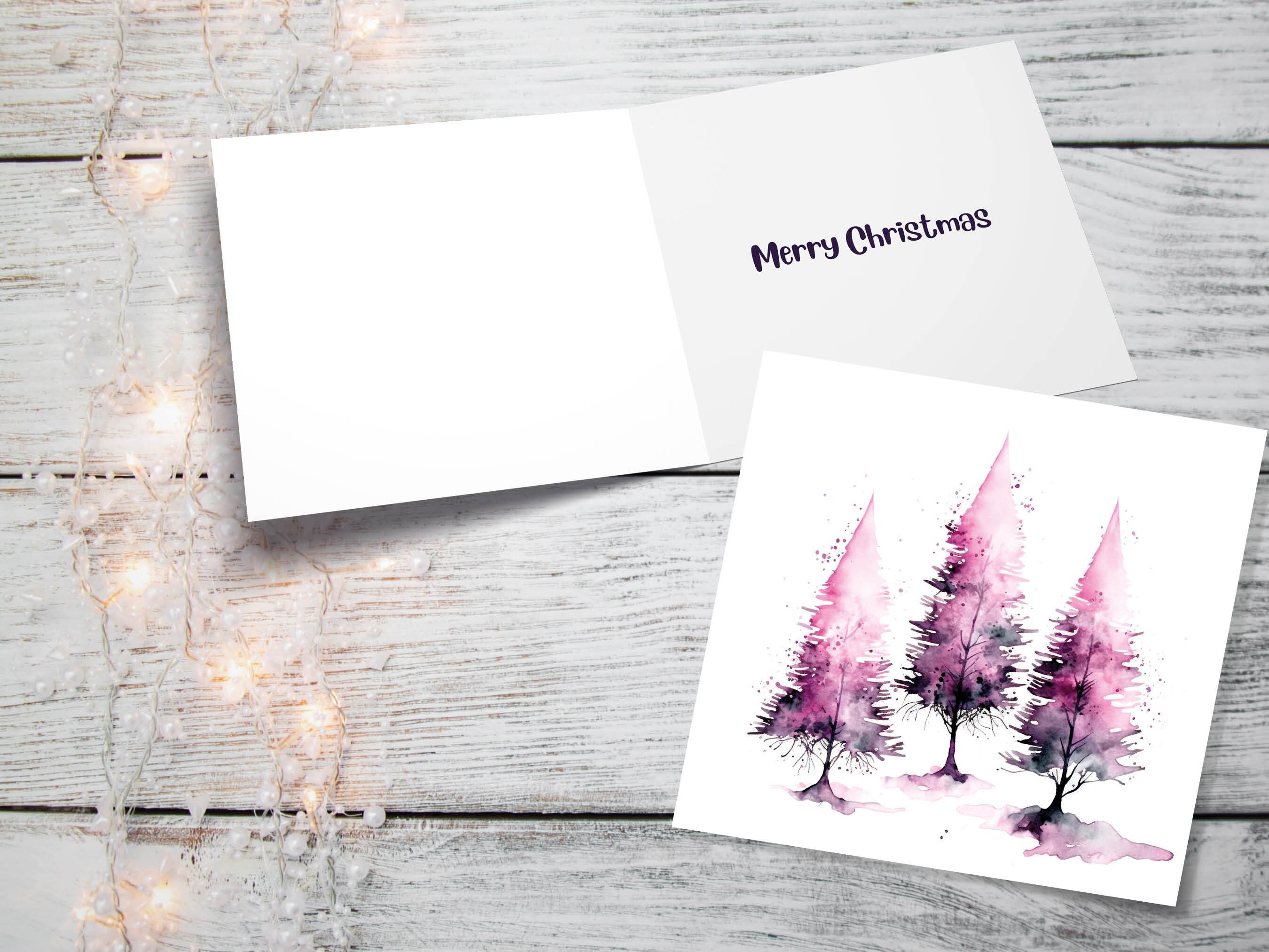 Purple Watercolour Trees Christmas Card Modern Elegant Fir Tree Pink White Simple Ink Painting Greetings Cards For Family Friends Xmas 2024 - View 10