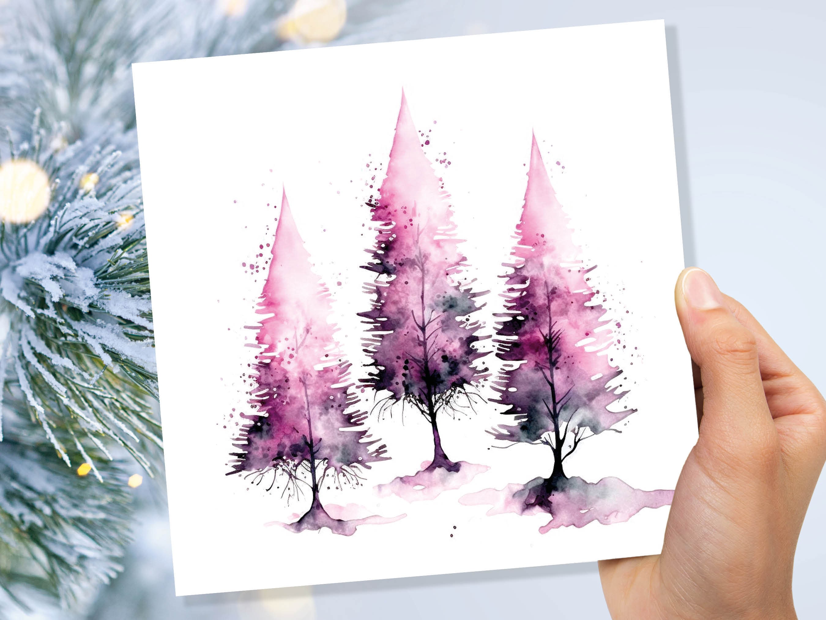 Purple Watercolour Trees Christmas Card Modern Elegant Fir Tree Pink White Simple Ink Painting Greetings Cards For Family Friends Xmas 2024