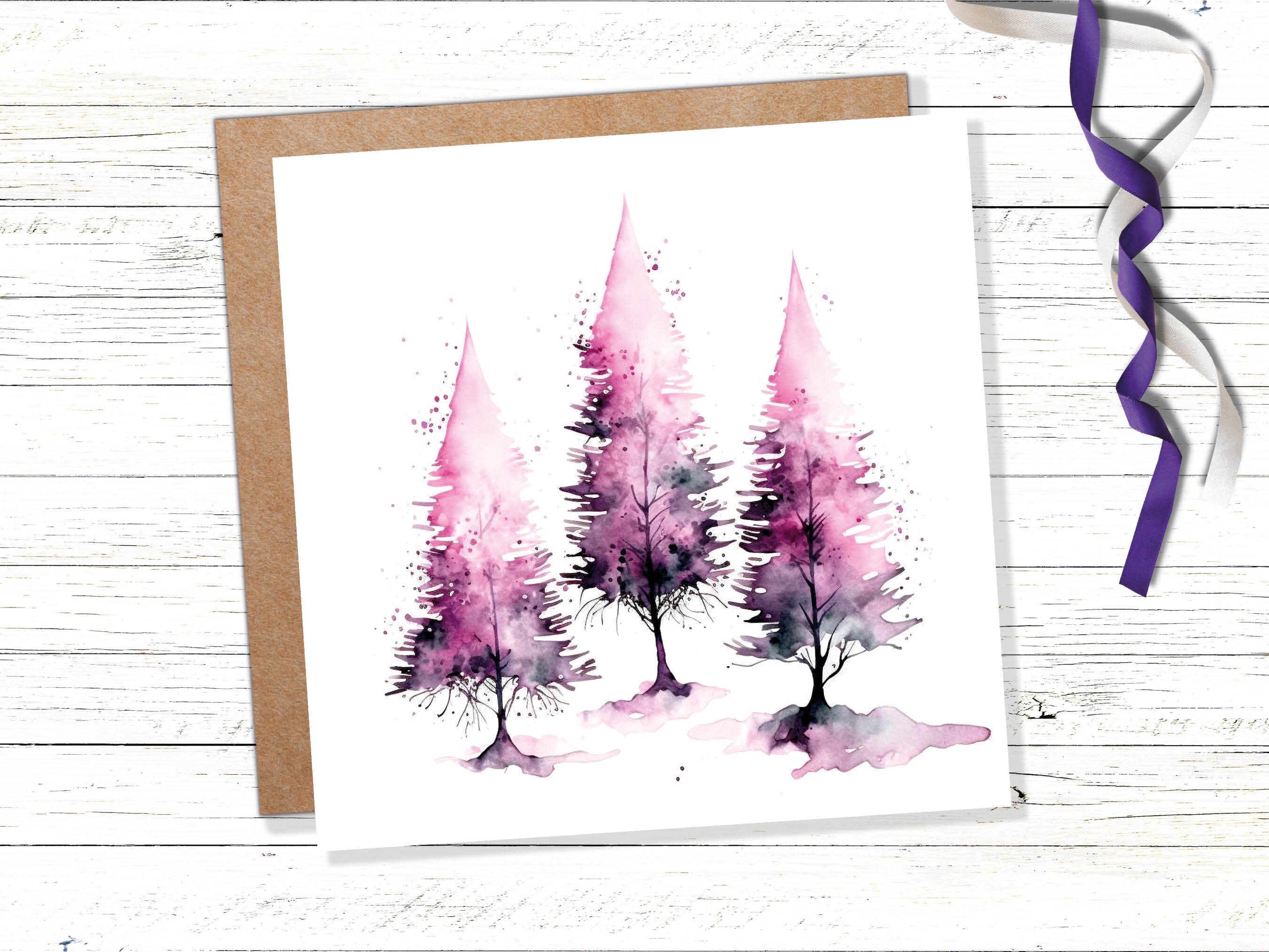 Purple Watercolour Trees Christmas Card Modern Elegant Fir Tree Pink White Simple Ink Painting Greetings Cards For Family Friends Xmas 2024 - View 2