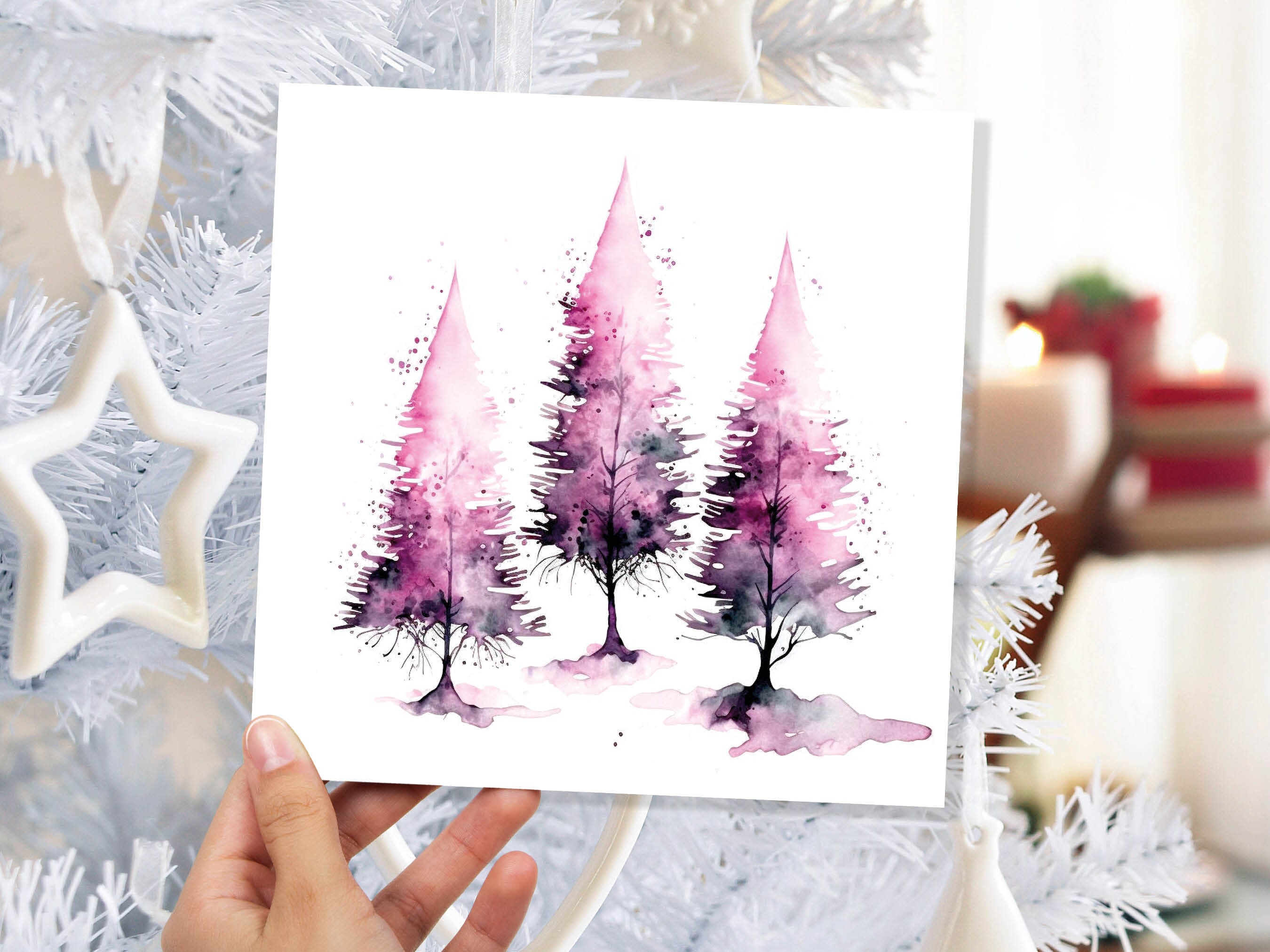 Purple Watercolour Trees Christmas Card Modern Elegant Fir Tree Pink White Simple Ink Painting Greetings Cards For Family Friends Xmas 2024 - View 3