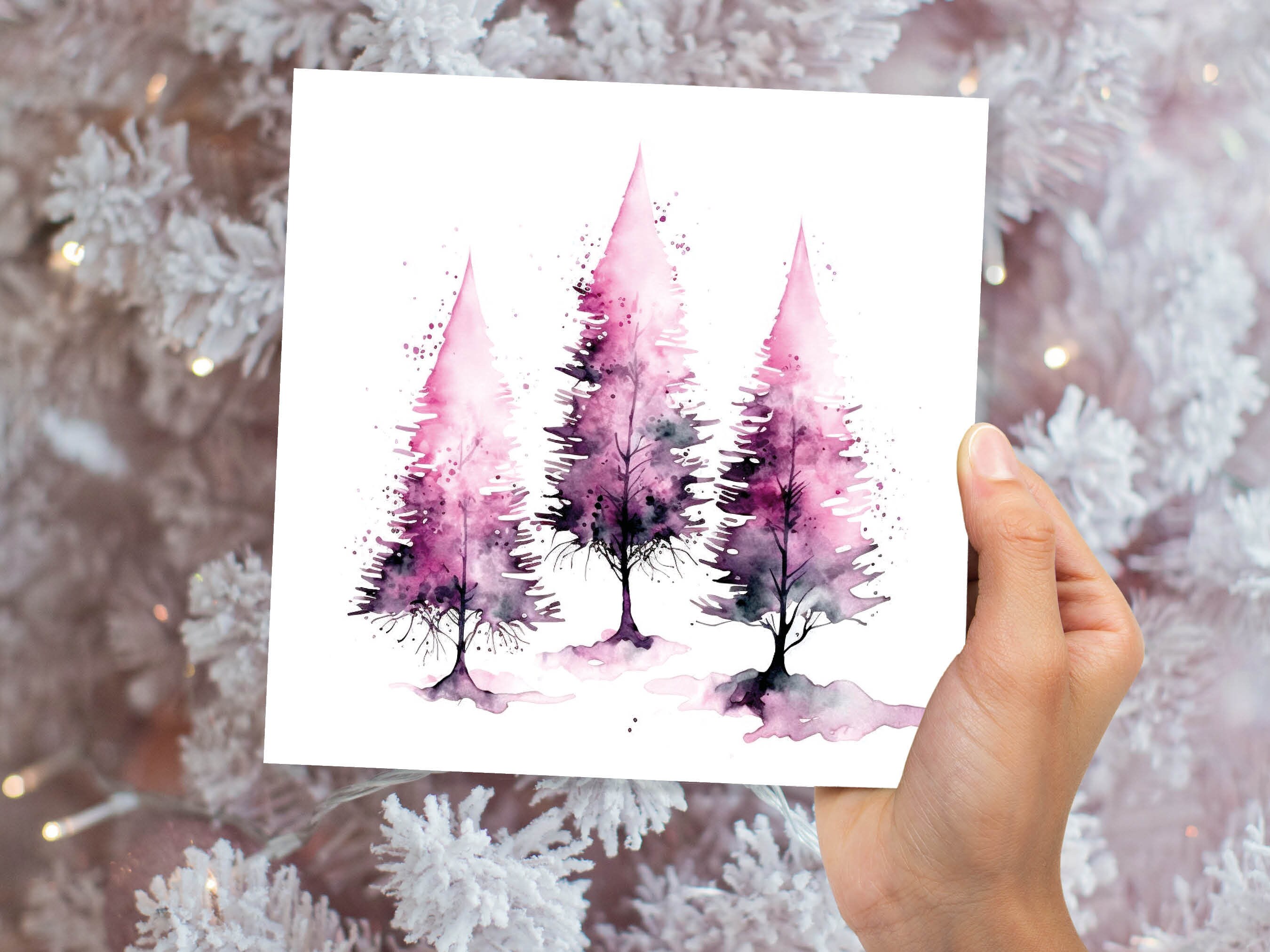 Purple Watercolour Trees Christmas Card Modern Elegant Fir Tree Pink White Simple Ink Painting Greetings Cards For Family Friends Xmas 2024 - View 4