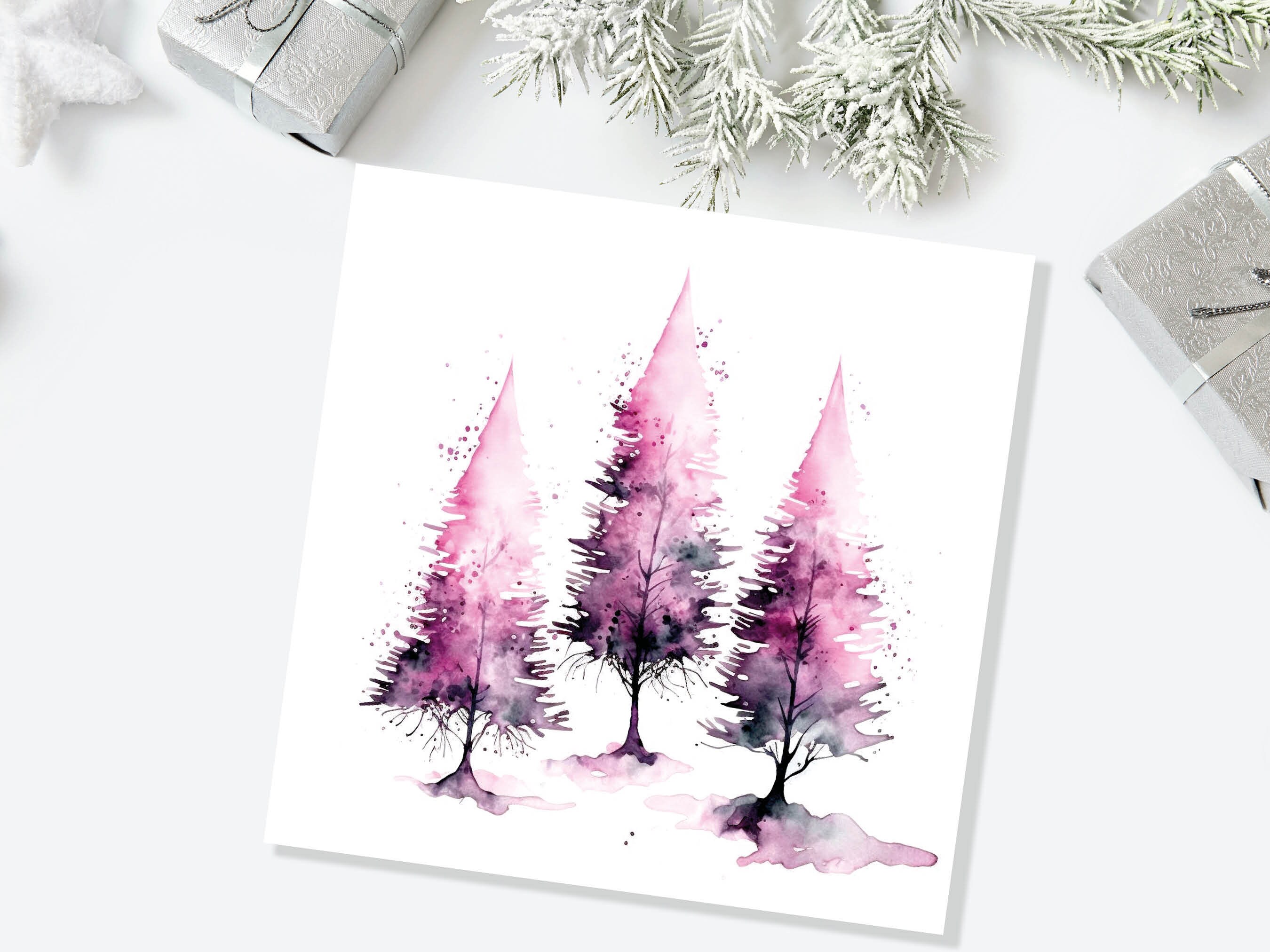 Purple Watercolour Trees Christmas Card Modern Elegant Fir Tree Pink White Simple Ink Painting Greetings Cards For Family Friends Xmas 2024 - View 5