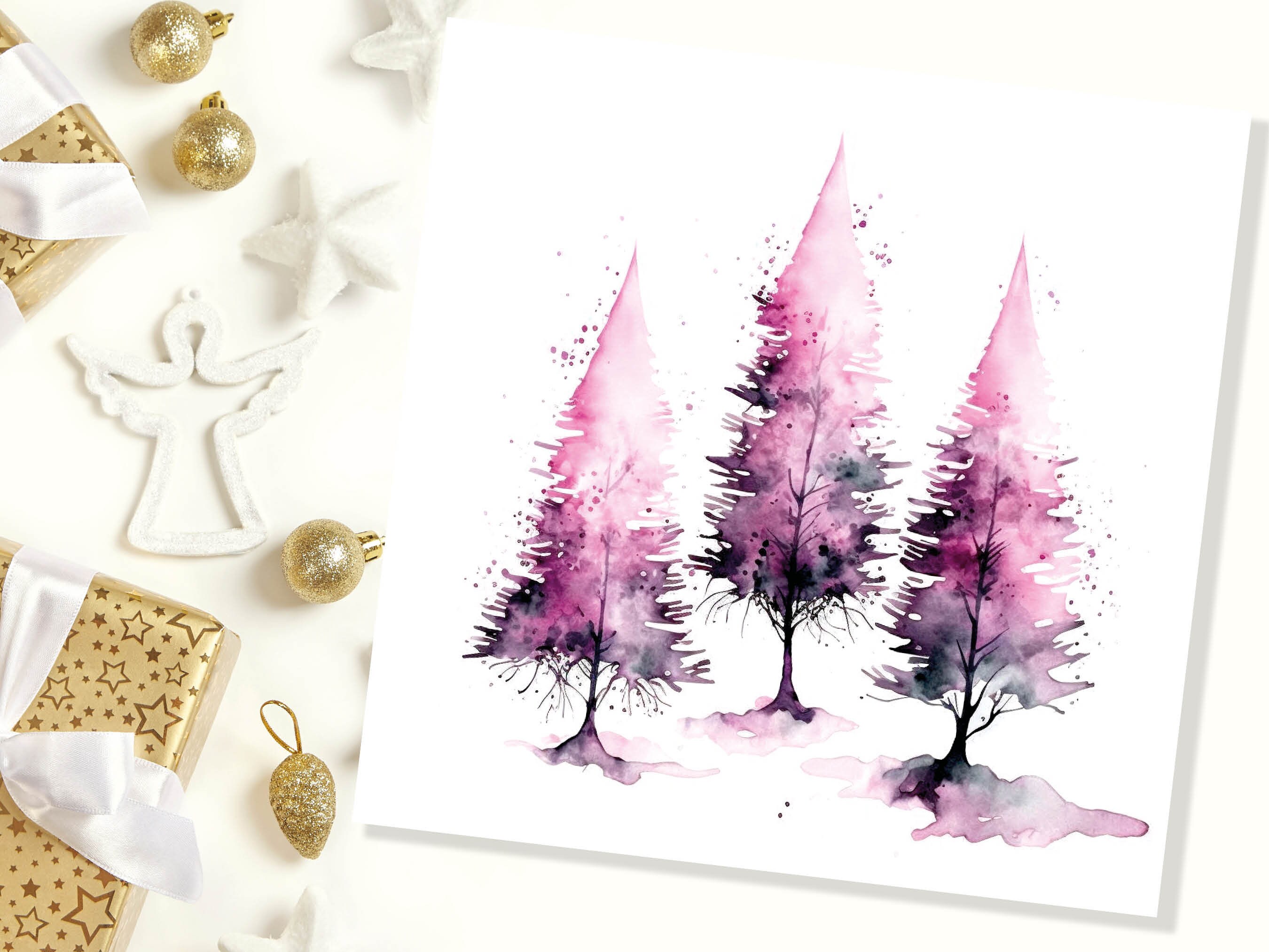 Purple Watercolour Trees Christmas Card Modern Elegant Fir Tree Pink White Simple Ink Painting Greetings Cards For Family Friends Xmas 2024 - View 6