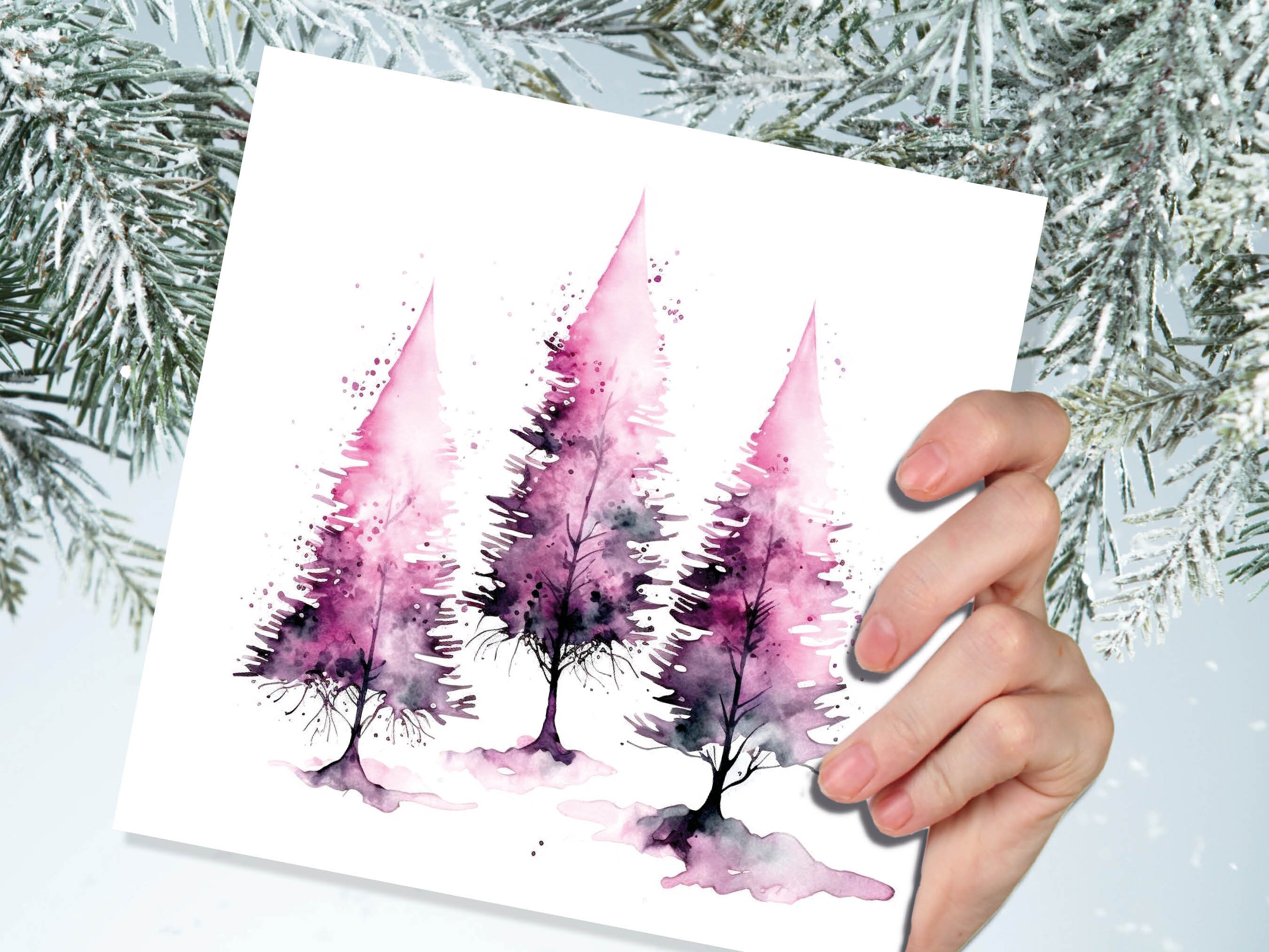 Purple Watercolour Trees Christmas Card Modern Elegant Fir Tree Pink White Simple Ink Painting Greetings Cards For Family Friends Xmas 2024 - View 7