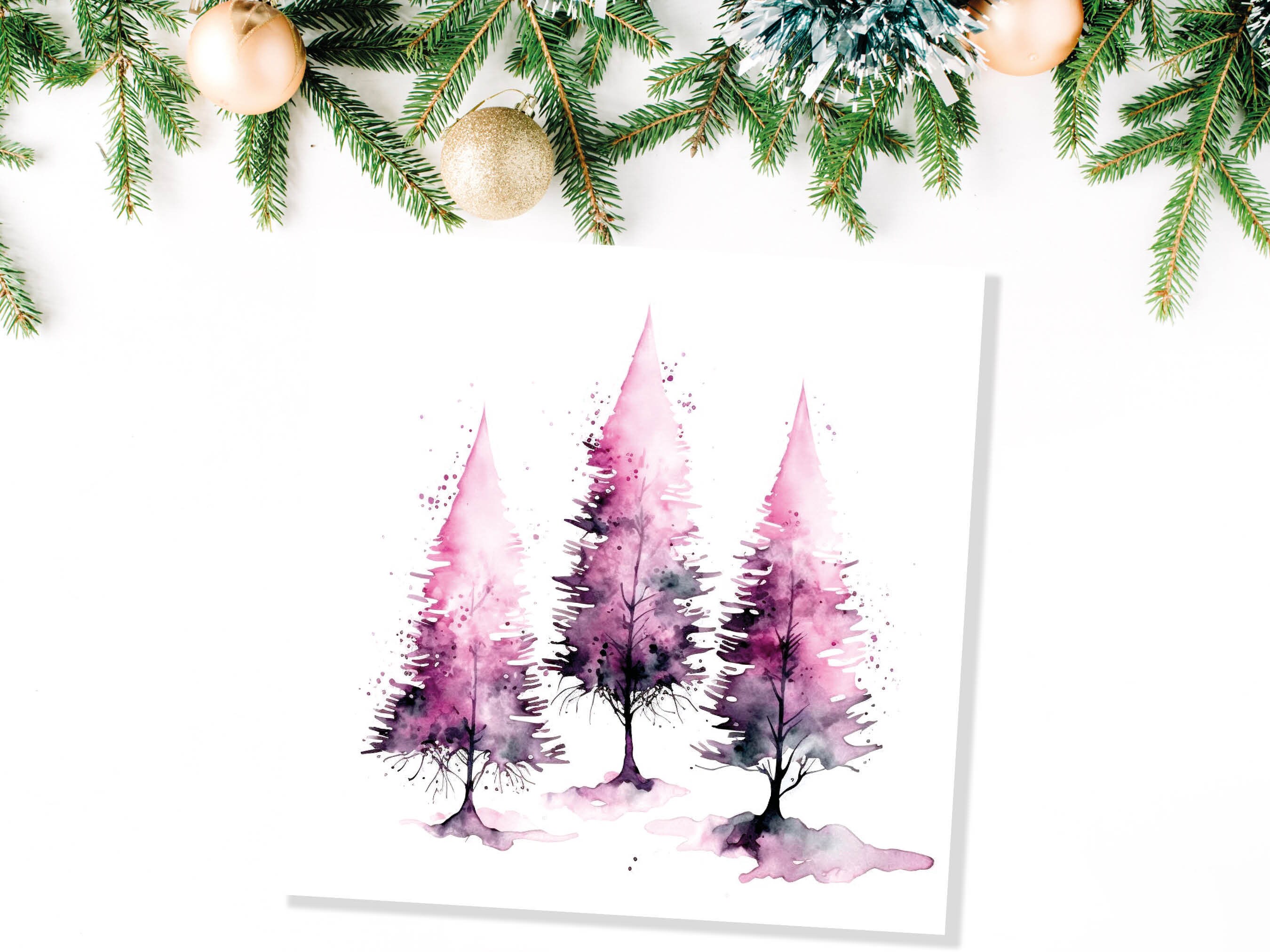 Purple Watercolour Trees Christmas Card Modern Elegant Fir Tree Pink White Simple Ink Painting Greetings Cards For Family Friends Xmas 2024 - View 8