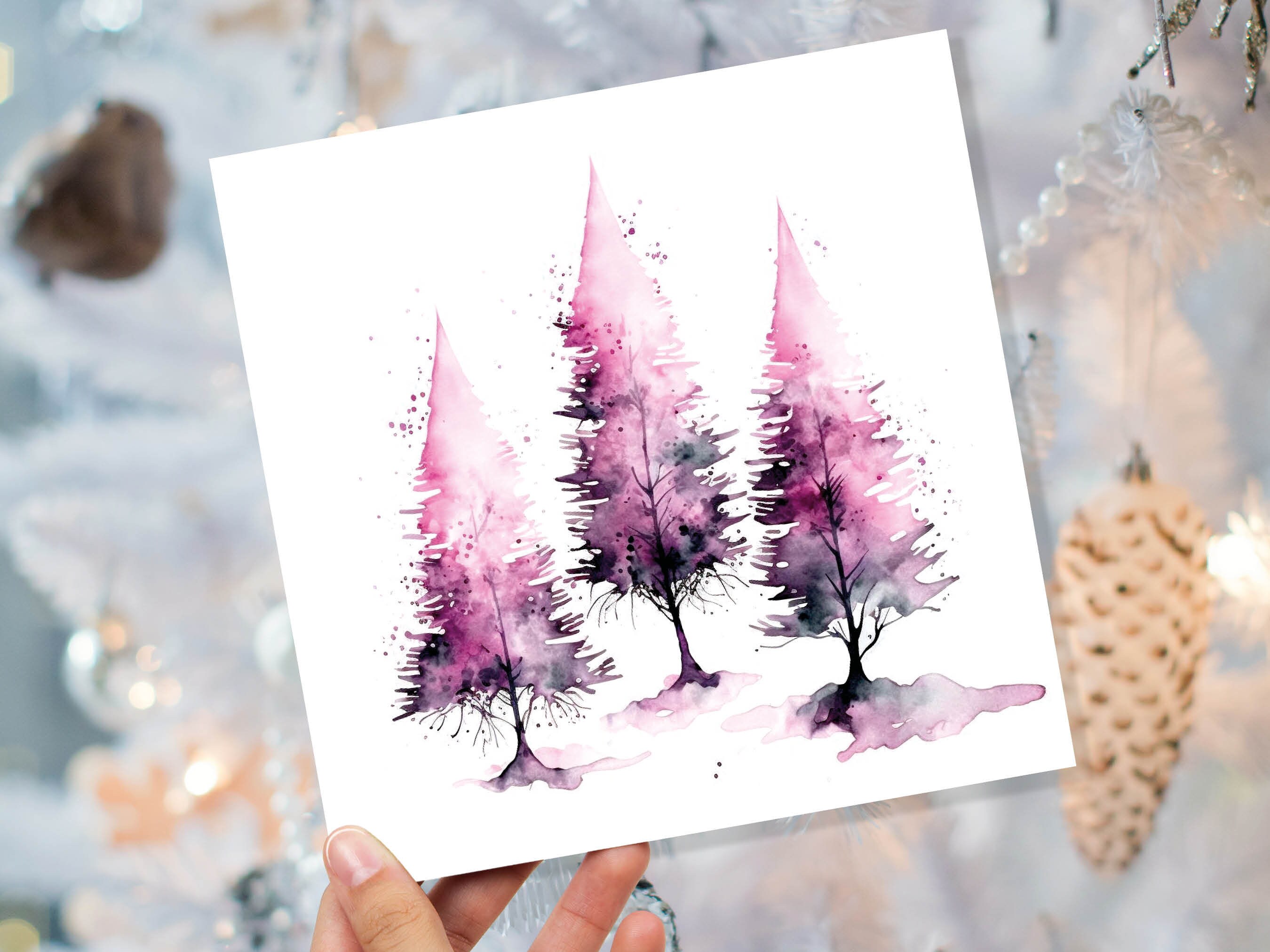 Purple Watercolour Trees Christmas Card Modern Elegant Fir Tree Pink White Simple Ink Painting Greetings Cards For Family Friends Xmas 2024 - View 9