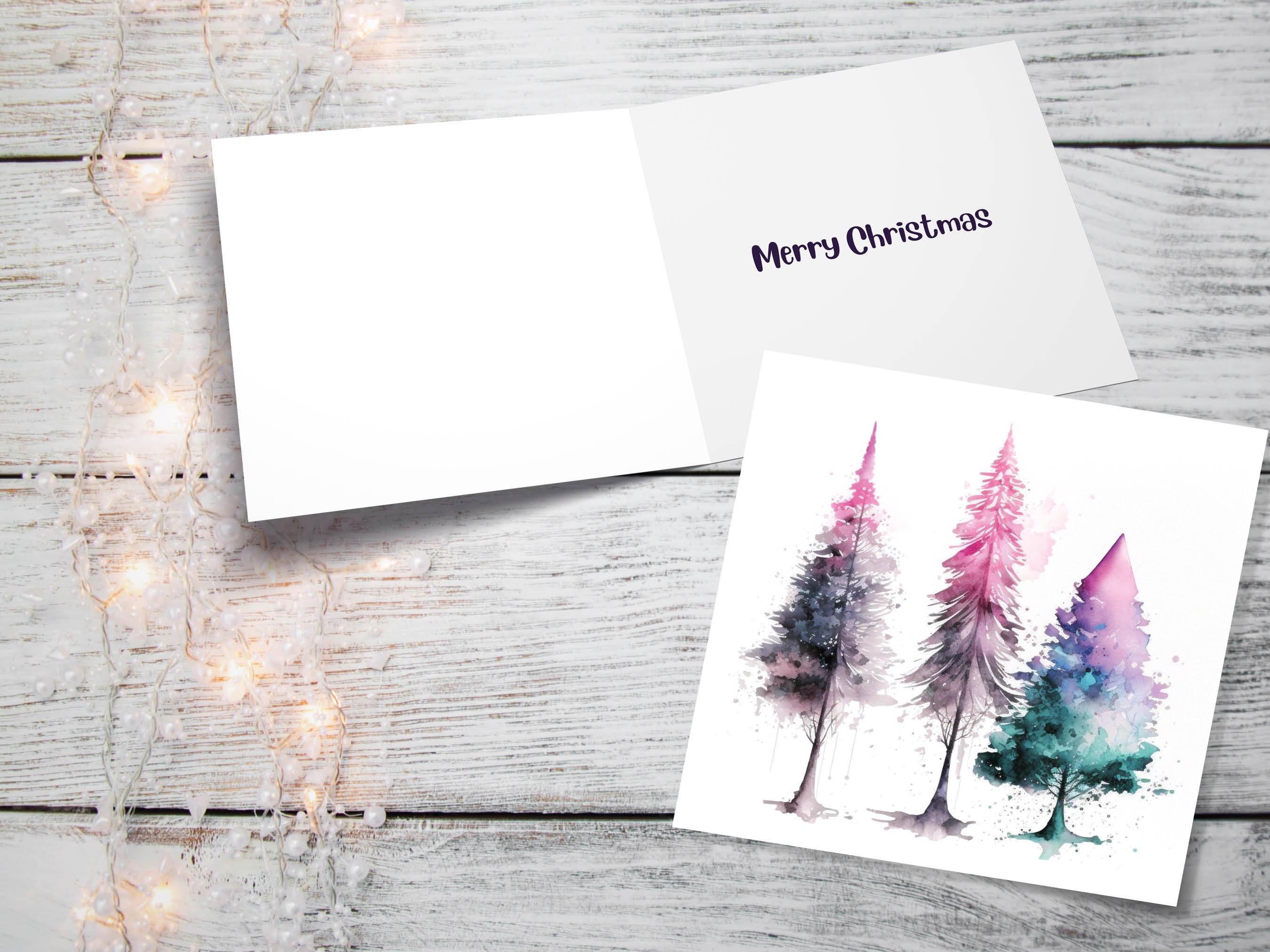 Messy Watercolour Trees Christmas Card Teal Purple Pink Green Modern Elegant Fir Tree Painting Greetings Cards For Family Friends Xmas 2024 - View 10