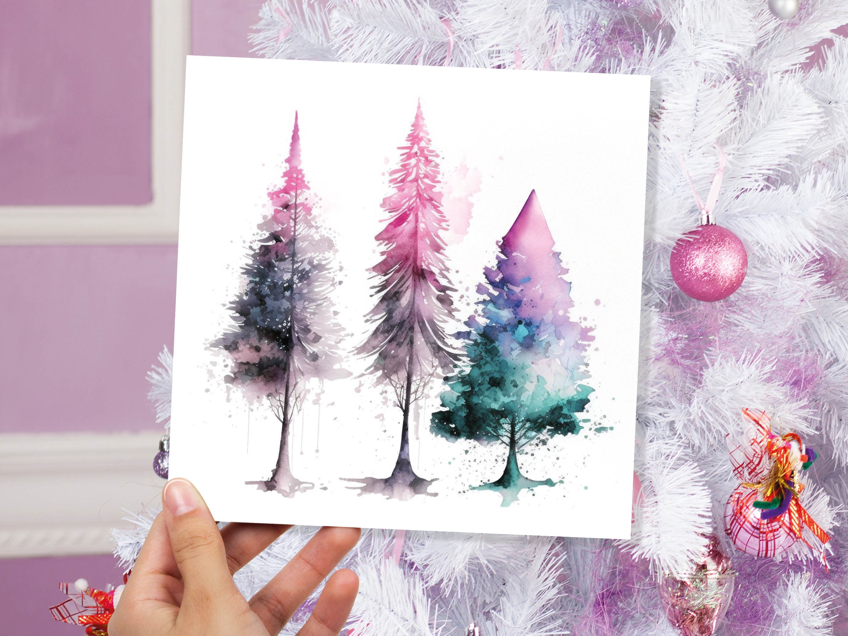 Messy Watercolour Trees Christmas Card Teal Purple Pink Green Modern Elegant Fir Tree Painting Greetings Cards For Family Friends Xmas 2024